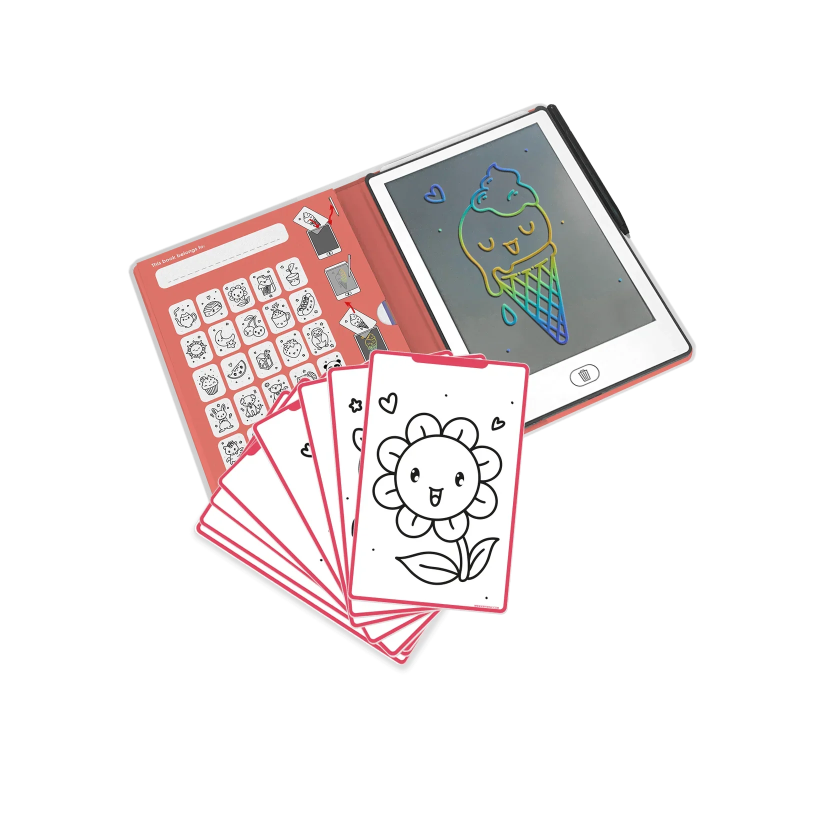 Children's LCD writing and drawing tablet with rainbow screen, tracing cards featuring cute kawaii designs, mess-free creative toy for kids