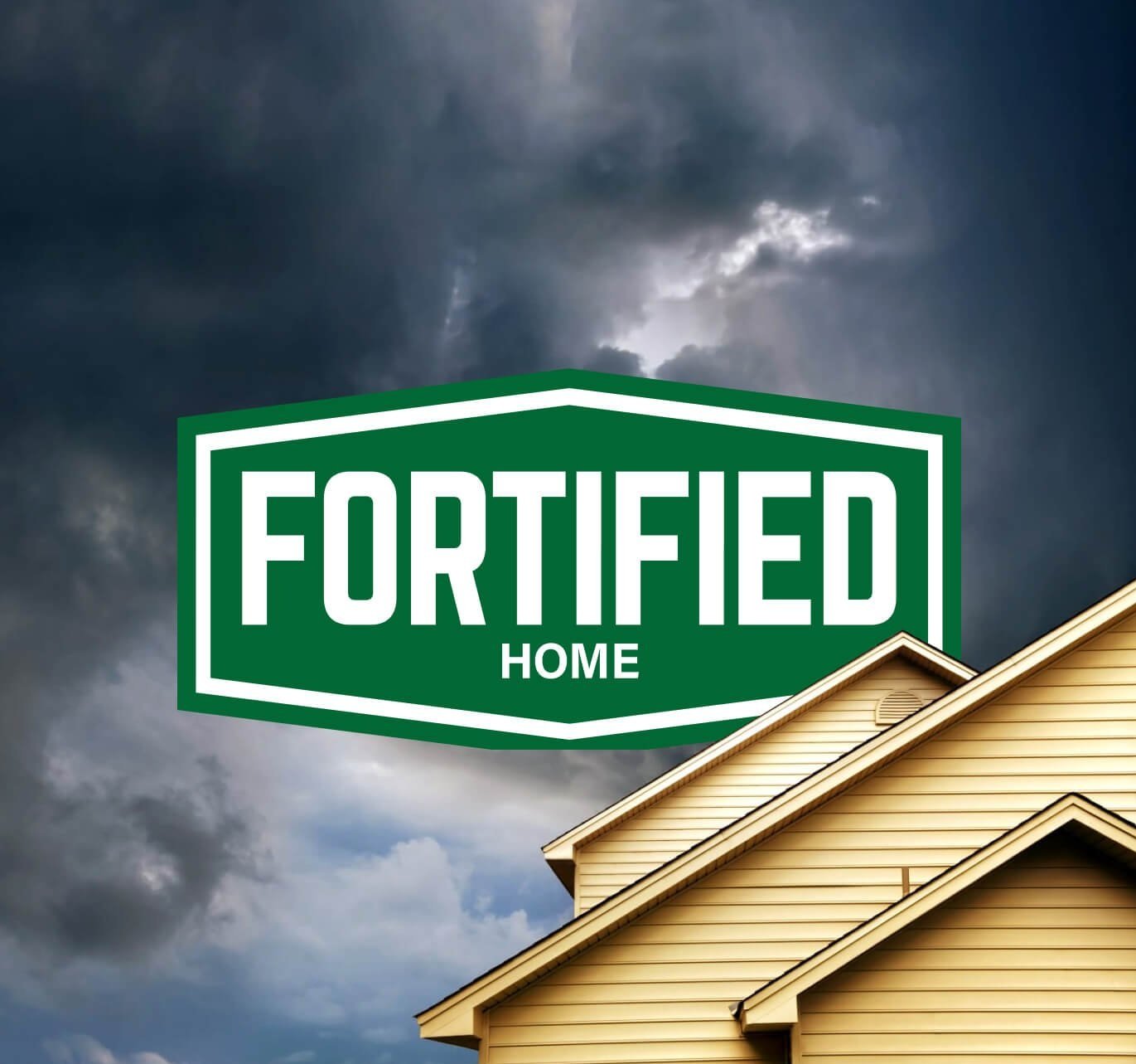 A stormy background behind a roof with a FORTIFIED Home logo