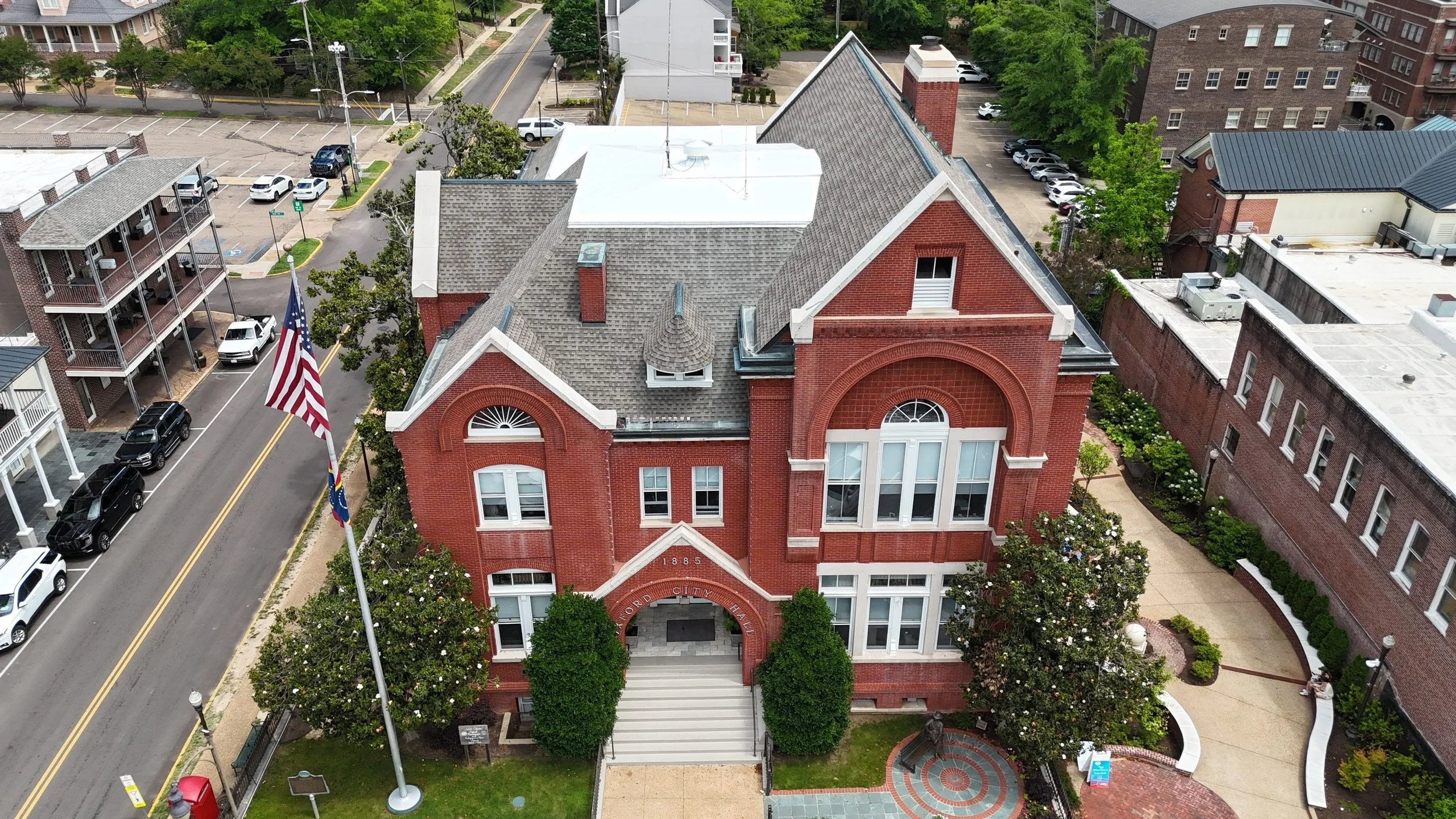 A drone photo of the new roof on Oxford City hall