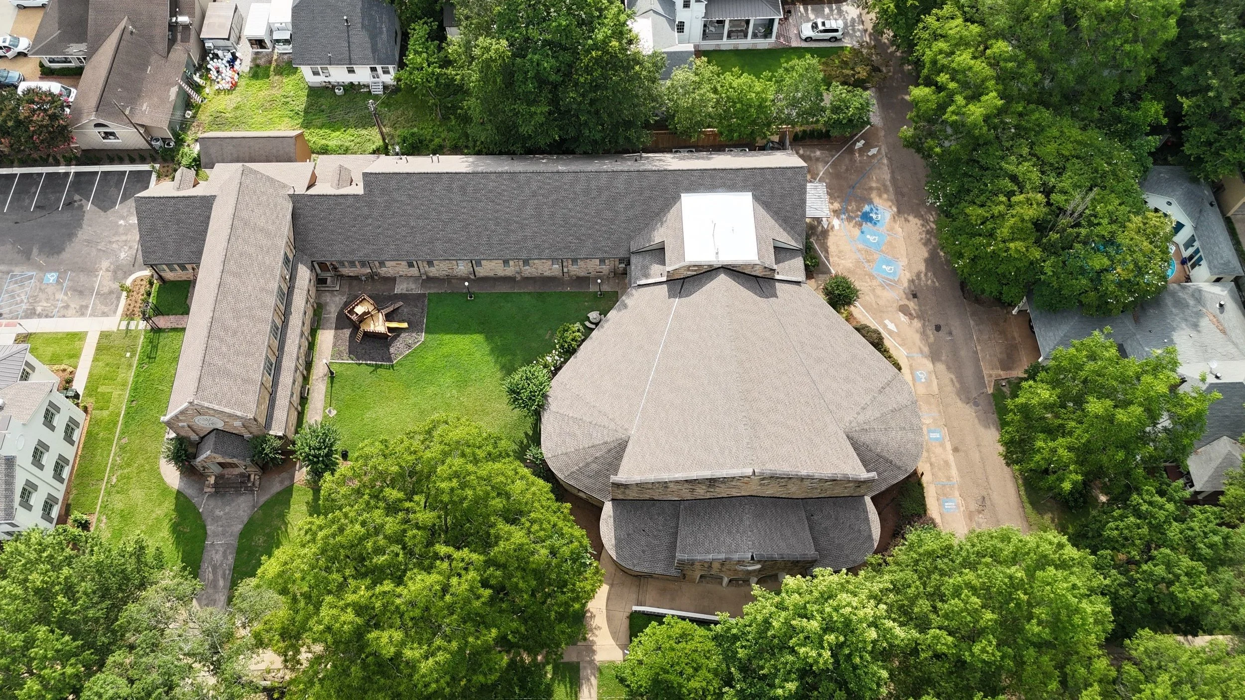 A newly installed shingle roof on Oxford Church of Christ