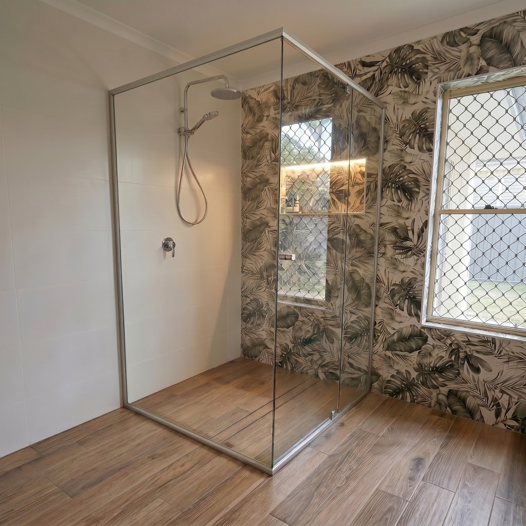 Glass shower enclosure with a rainforest showerhead in a modern bathroom with tropical patterned wallpaper and wooden flooring.