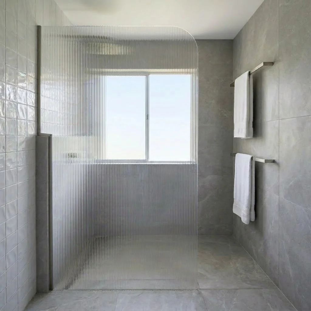 Modern bathroom with frosted glass shower divider, window, and white towels hanging on the wall.