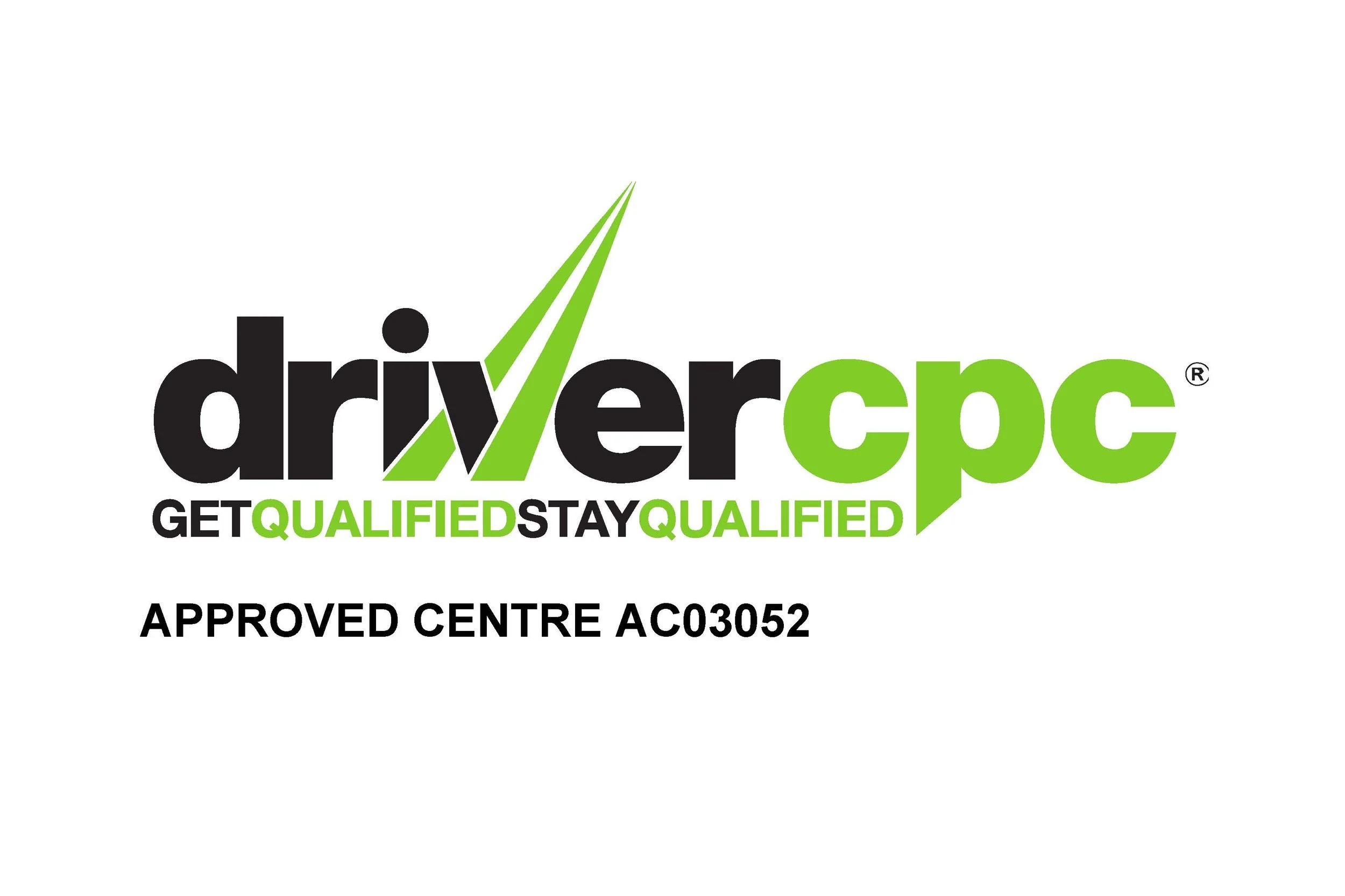 Driver CPC qualification card with a white background, black and green text, and a logo featuring two green checkmarks. The card states 'GET QUALIFIED STAY QUALIFIED' and includes an approved centre number.