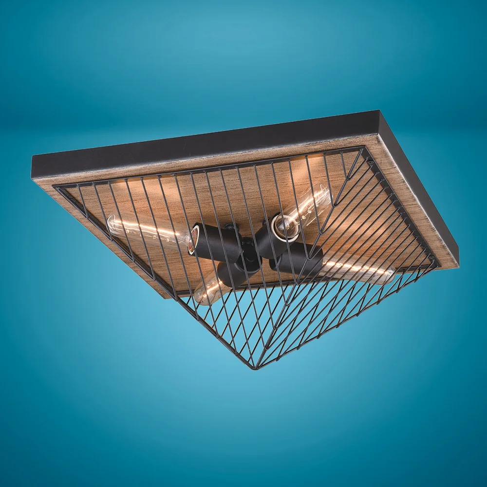 Rochester Black Iron & Burnished Oak 4-Light Flush Mount Ceiling 