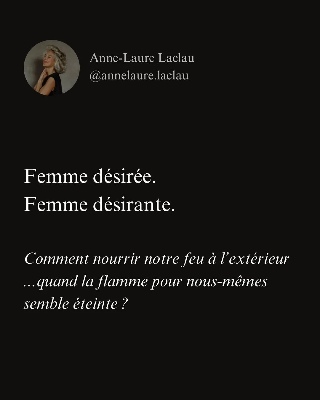 Comment entretiens-tu ton feu ?

Quelle part de toi r&eacute;clame d&rsquo;&ecirc;tre vue, honor&eacute;e, embras&eacute;e ?

Ce feu, ce souvenir du divin dans la chair, c&rsquo;est la porte d&rsquo;entr&eacute;e de mon prochain espace :
 PUISSANCE &