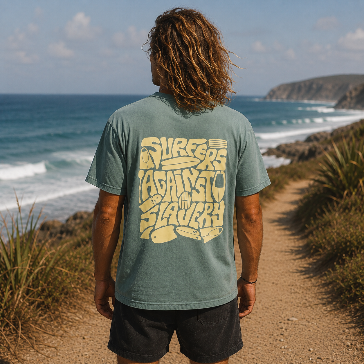 Surfers Against Slavery Tee (Fog Blue, Petrol Blue, Sage Green)