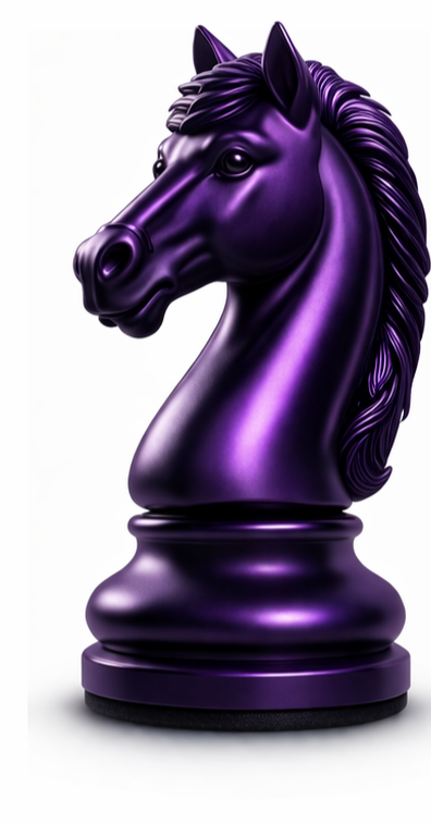 A purple chess knight piece with a glossy finish, resembling a horse's head with a textured mane, set against a white background.