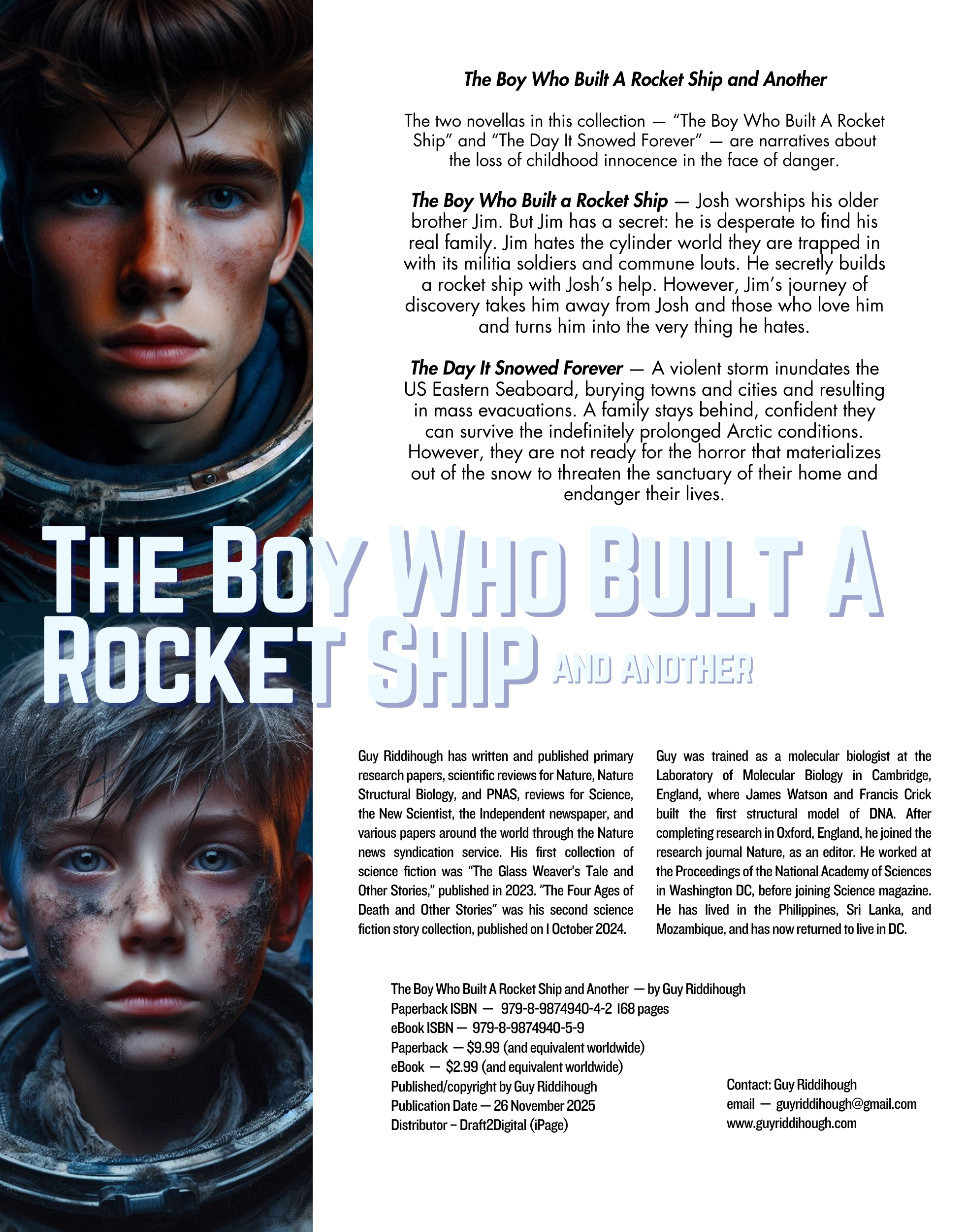 Back cover of a book titled 'The Boy Who Built A Rocket Ship and Another' featuring portraits of two boys in space suits on the left. The text includes summaries of the book's stories and author information.