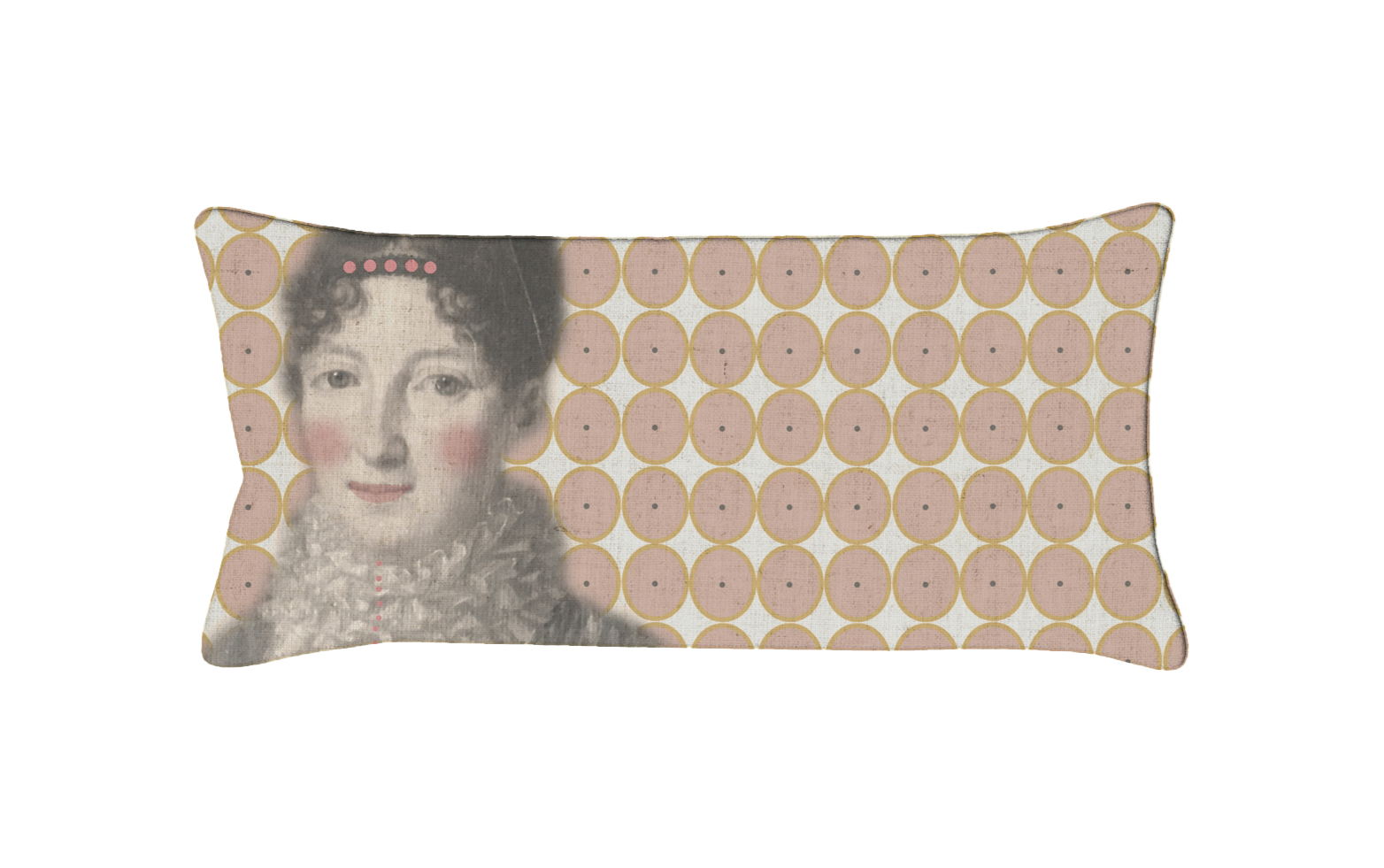 Coussin Jacqueline Maison Caumont, coussin décoratif en lin imprimé fabriqué en France et bordé d’un biais doré