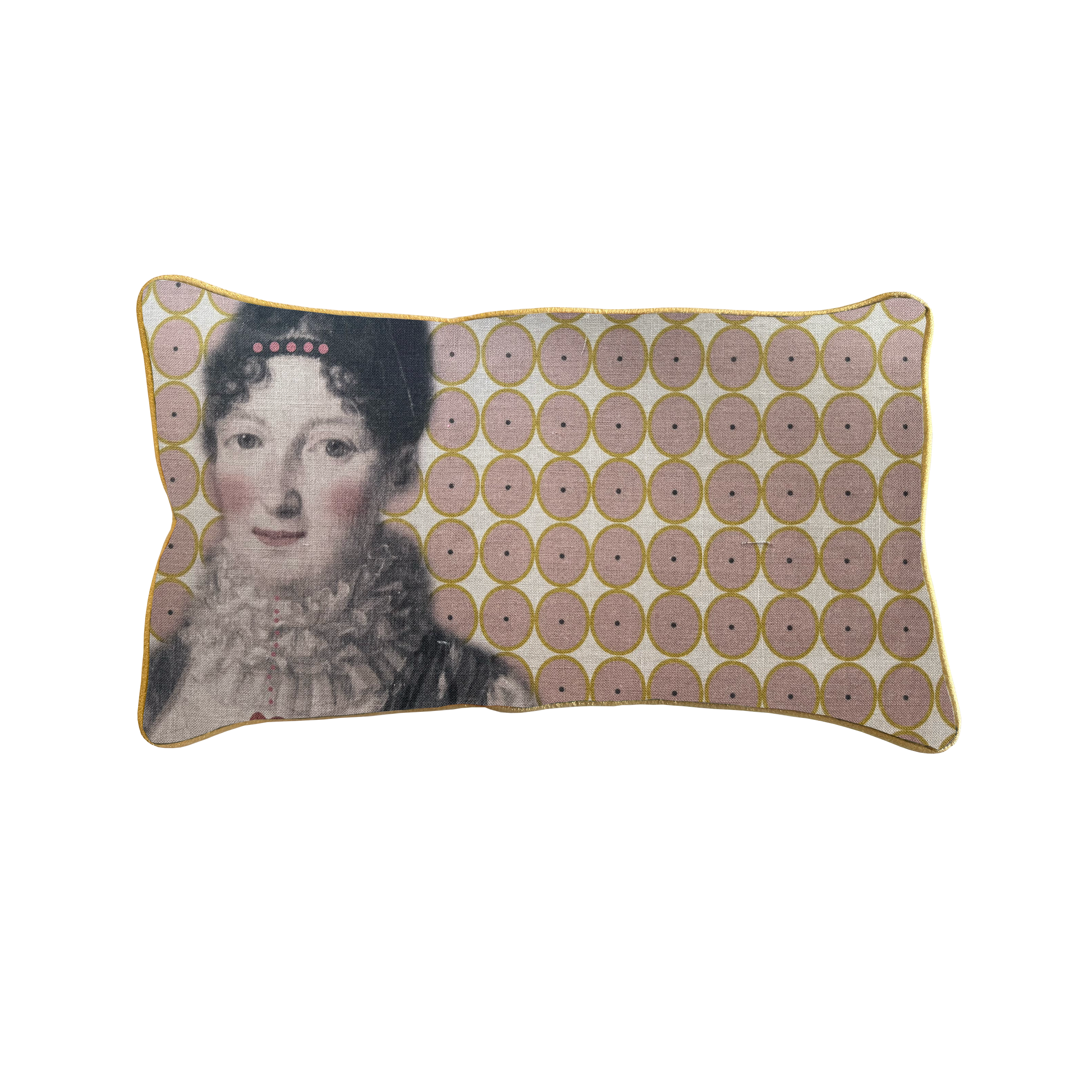 Coussin classique Jacqueline Maison Caumont, coussin décoratif en lin imprimé fabriqué en France et bordé d’un biais doré
