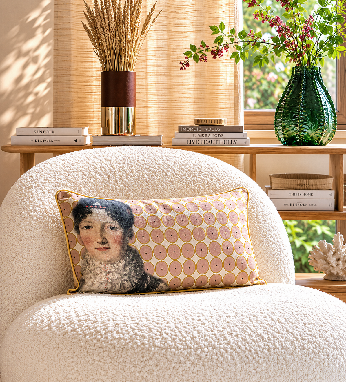 Coussin Jacqueline Maison Caumont, coussin décoratif en lin imprimé fabriqué en France et bordé d’un biais doré
