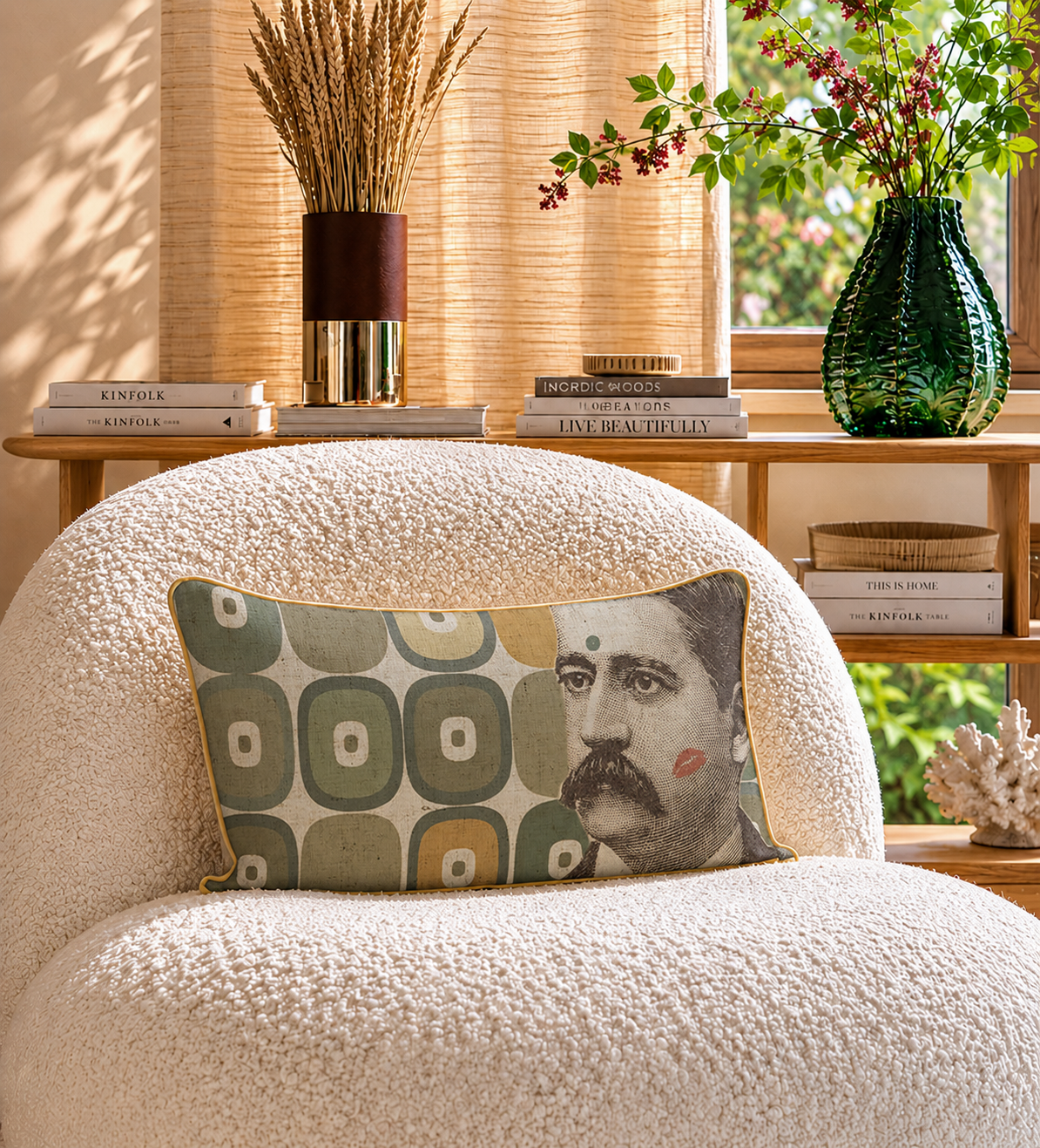 Coussin Moumouche Maison Caumont, coussin décoratif en lin imprimé fabriqué en France et bordé d’un biais doré