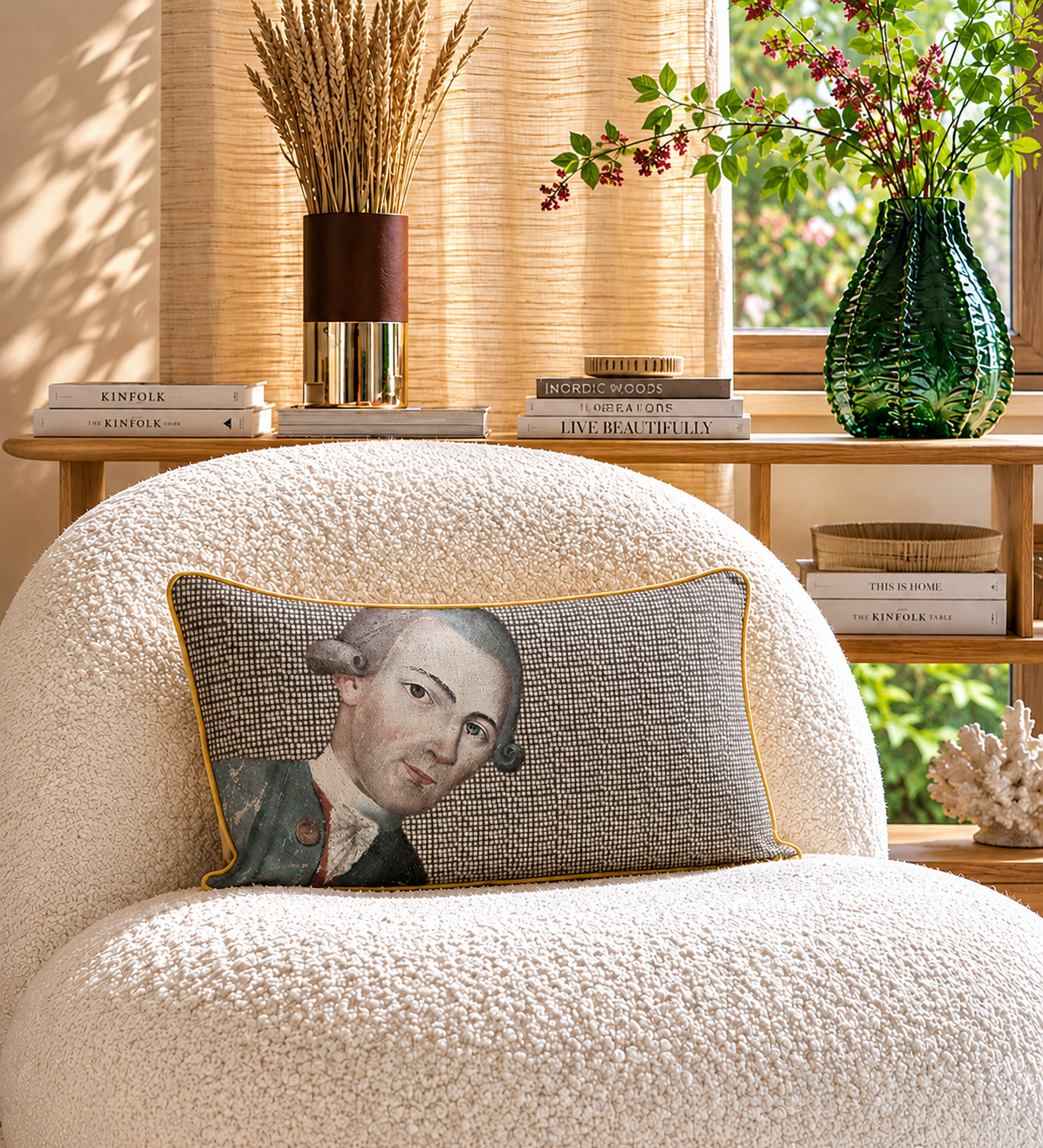 Coussin Gentil Homme Maison Caumont, coussin décoratif en lin imprimé fabriqué en France et bordé d’un biais doré