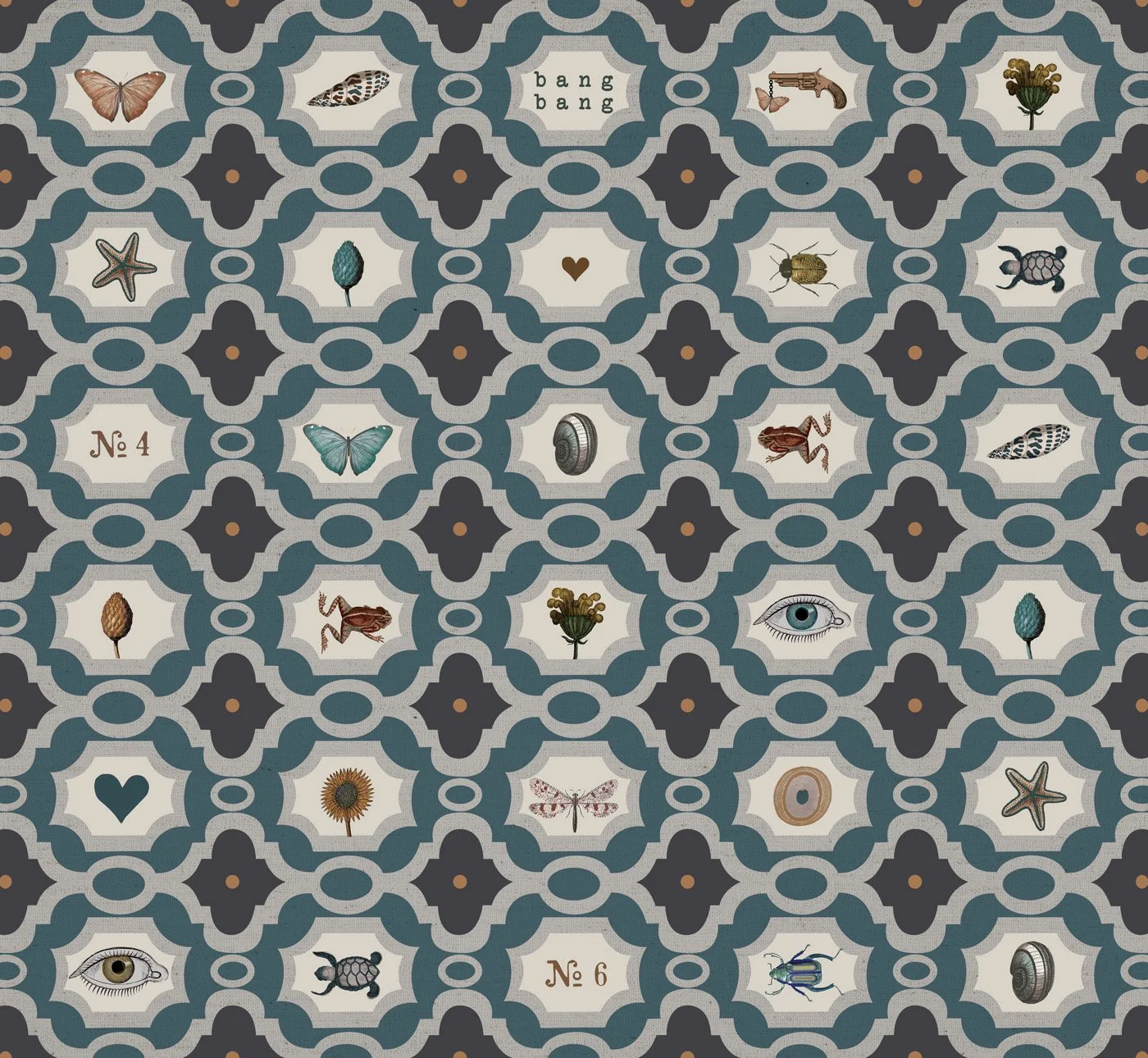 Papier peint Domino Blue Maison Caumont, motif damier et illustrations symboliques dans un style graphique et décoratif