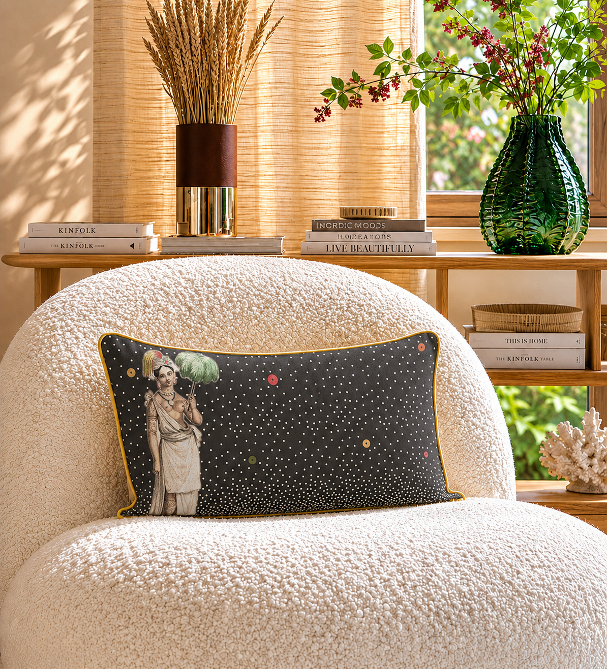 Coussin Medea Maison Caumont, coussin décoratif en lin imprimé fabriqué en France et bordé d’un biais doré
