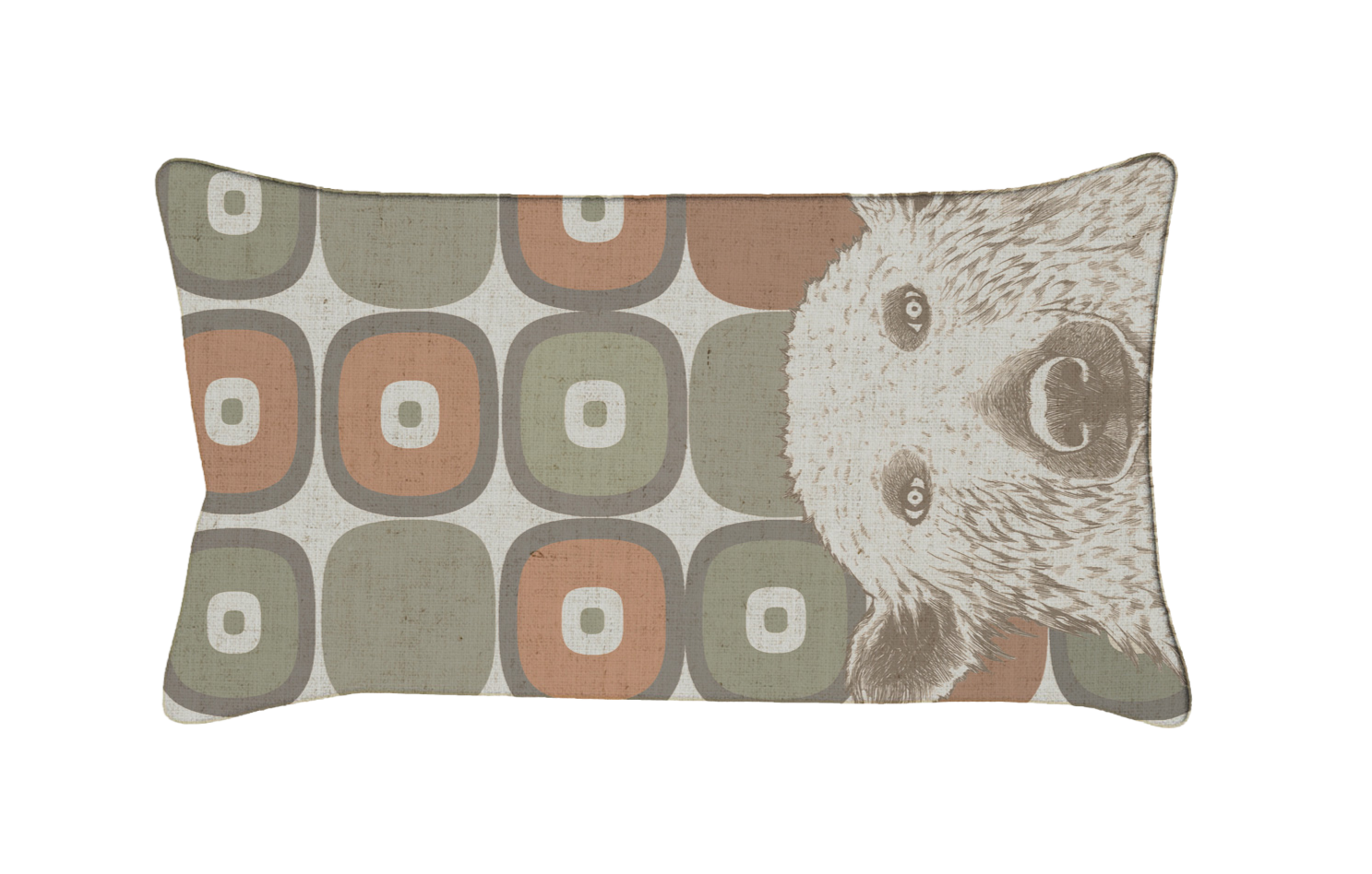 Coussin Nounours Maison Caumont, coussin décoratif en lin imprimé fabriqué en France et bordé d’un biais doré