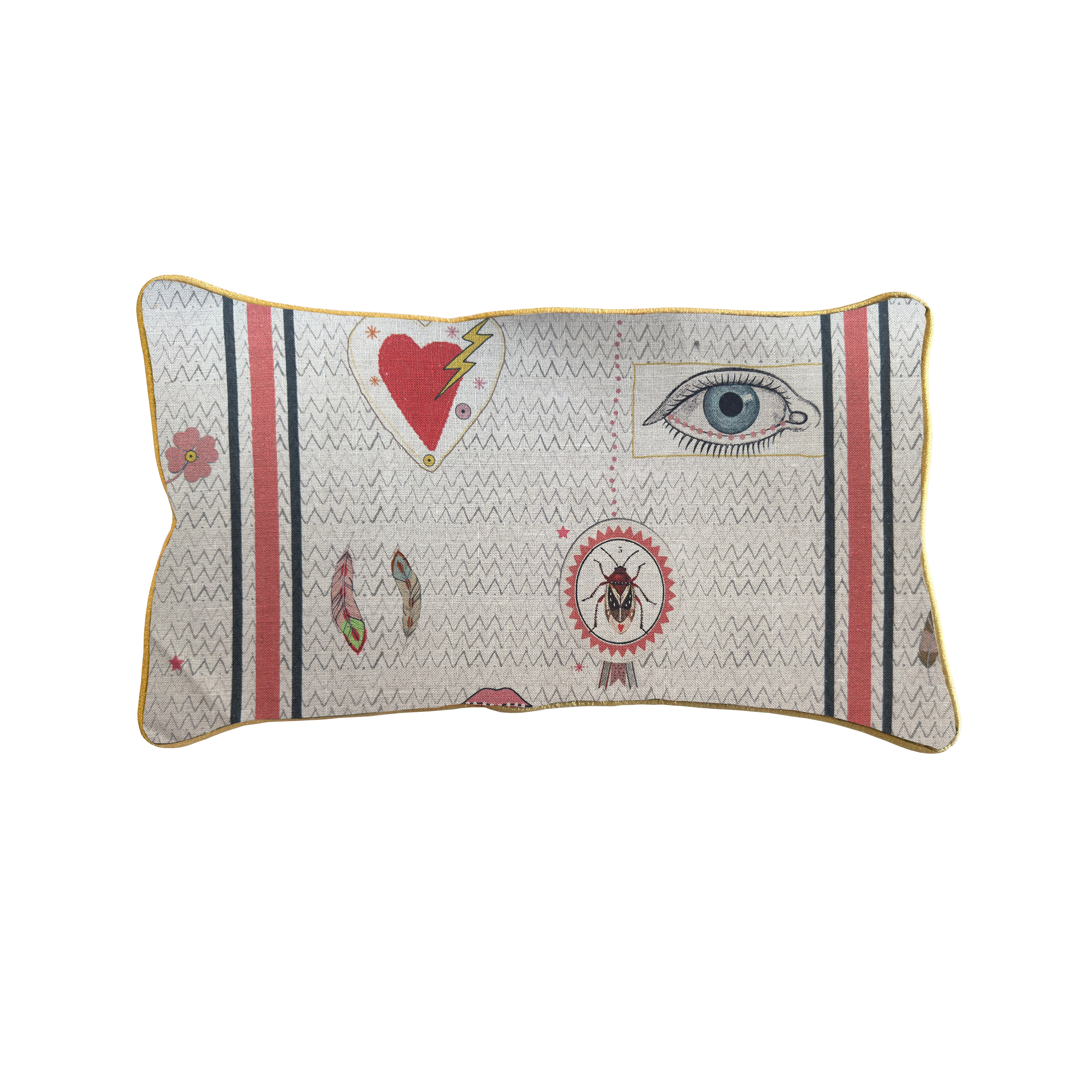 Coussin classique Charms Maison Caumont, coussin décoratif en lin imprimé fabriqué en France et bordé d’un biais doré