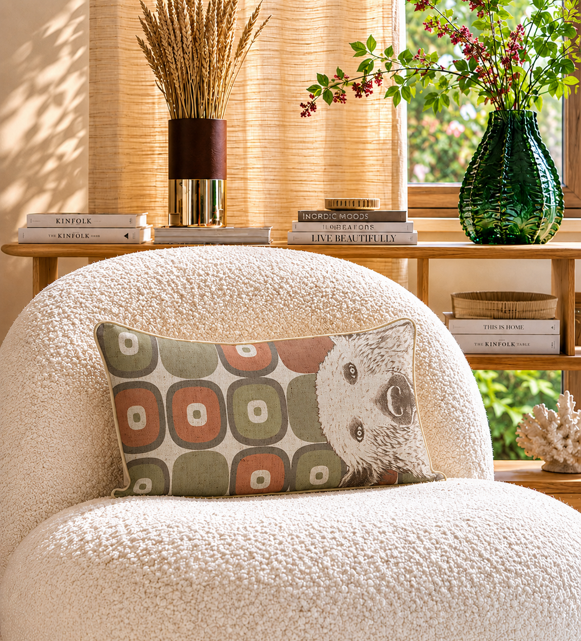Coussin Nounours Maison Caumont, coussin décoratif en lin imprimé fabriqué en France et bordé d’un biais doré