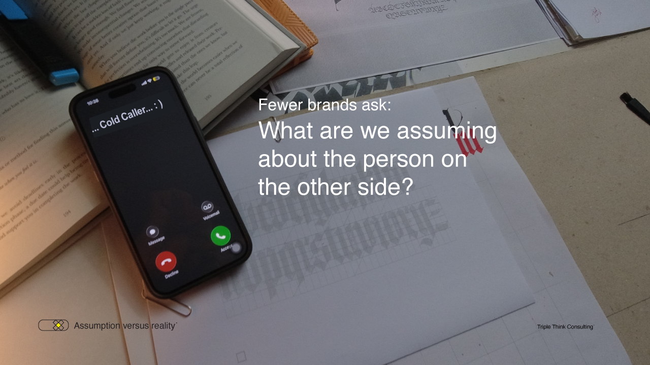 Cold caller phone screen illustrating blanket sales scripts and brand assumptions about customer habits