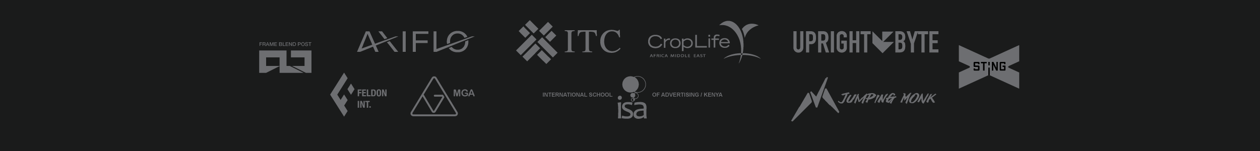 Selected Triple Think client logos: the International Trade Centre, CropLife Africa, the International School of Advertising, Upright Byte, Scrollon, Mbula Gitau Advocates, Frame Blend Post, Feldon International, Jumping Monk and Sting.