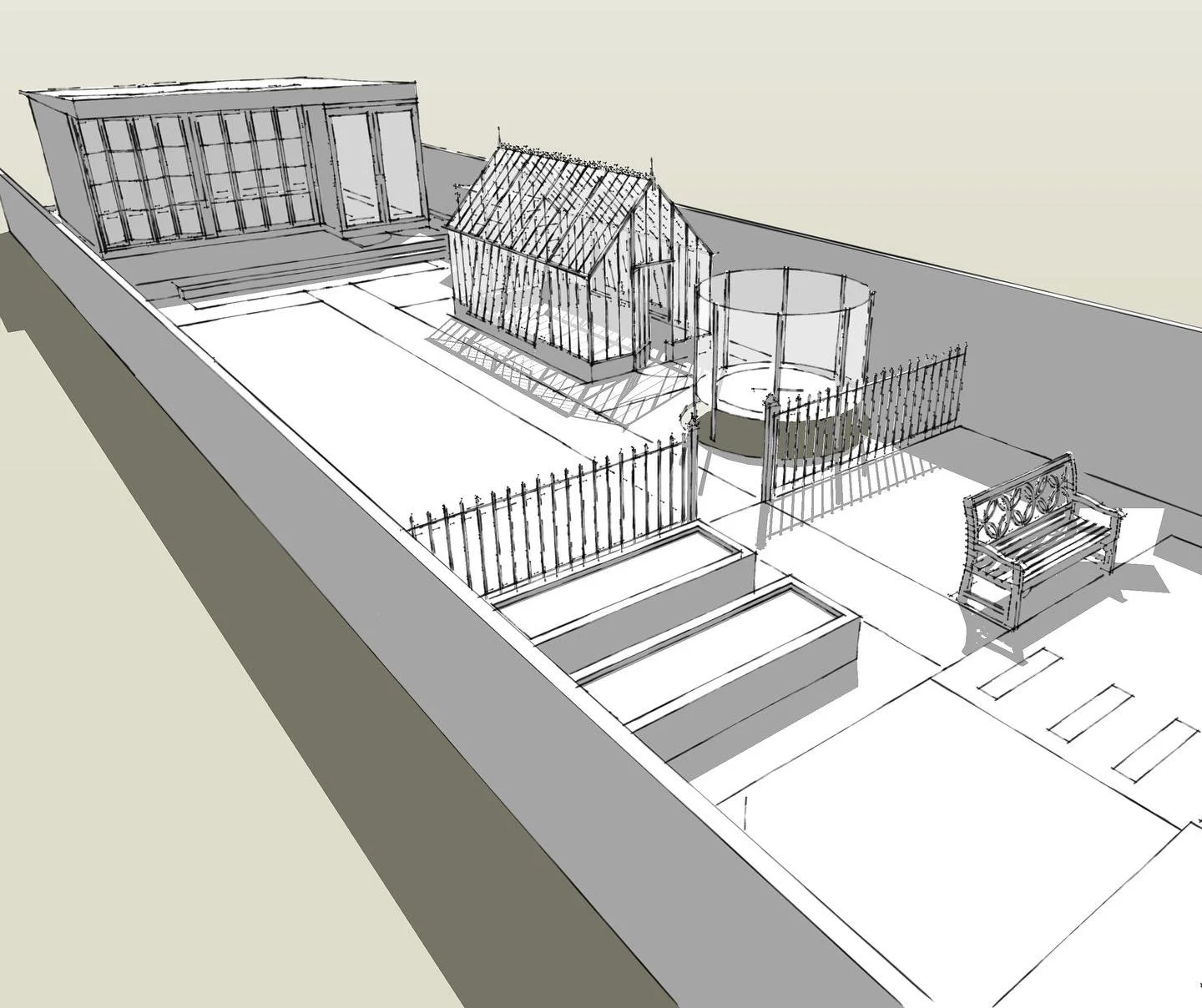 Perspective concept sketch for a London project to show general layout and hard elements. This is a second stage project to complete a (very long!) garden we initially landscaped in 2022. The trampoline will be masked by a crisp Yew hedge and surroun