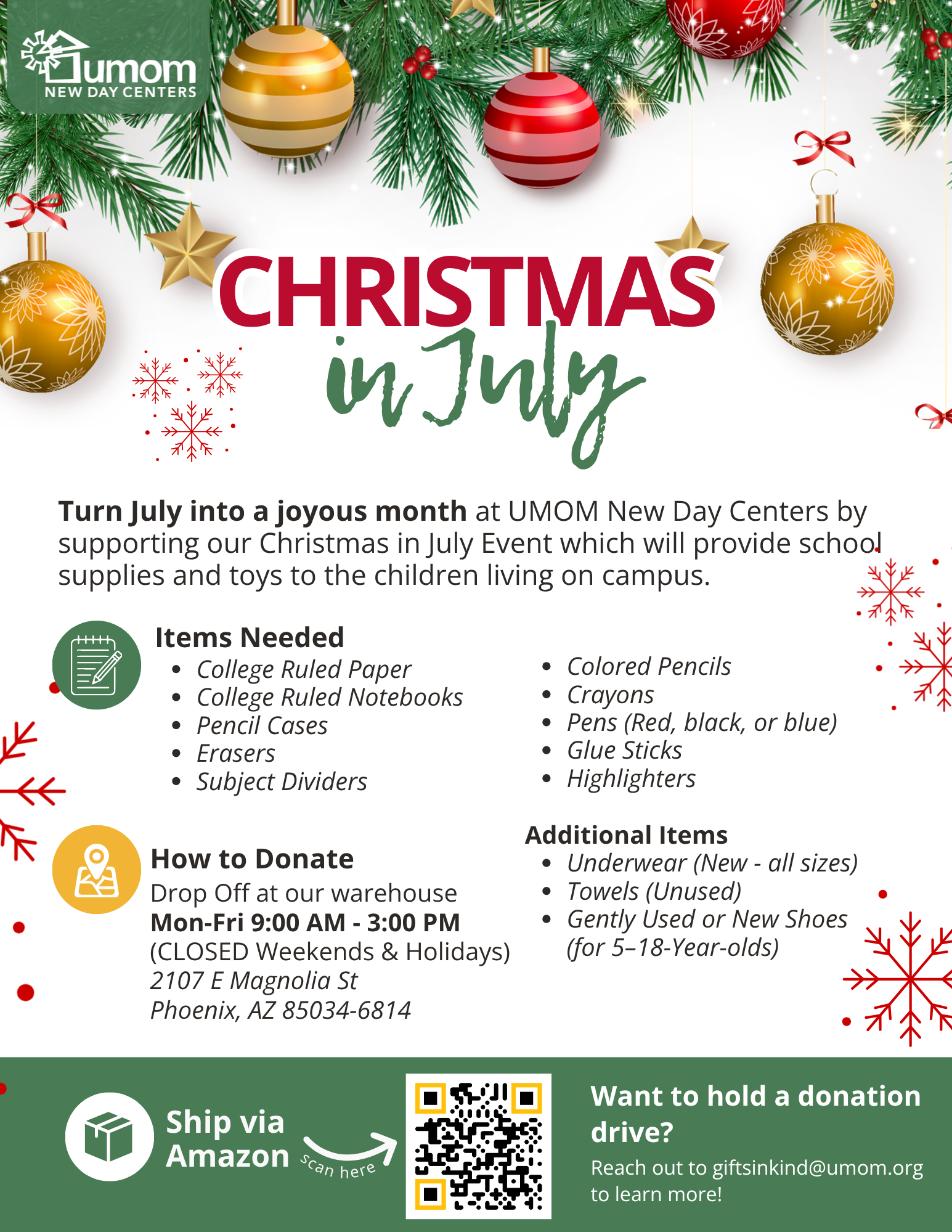 A Christmas in July flyer with a list of items needed for UMOM's donation campaign.