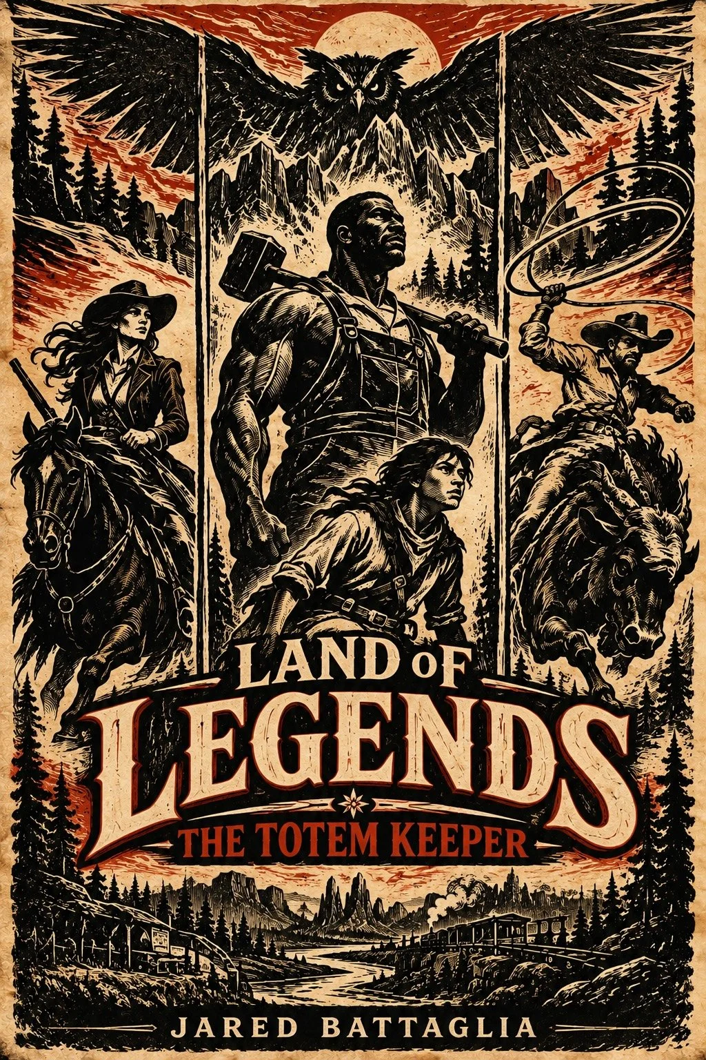 Vintage woodcut-style Land of Legends poster featuring John Henry with his hammer, Calamity Jane on horseback, Pecos Bill swinging a lasso, a young adventurer, and a giant owl looming over a rugged supernatural frontier.