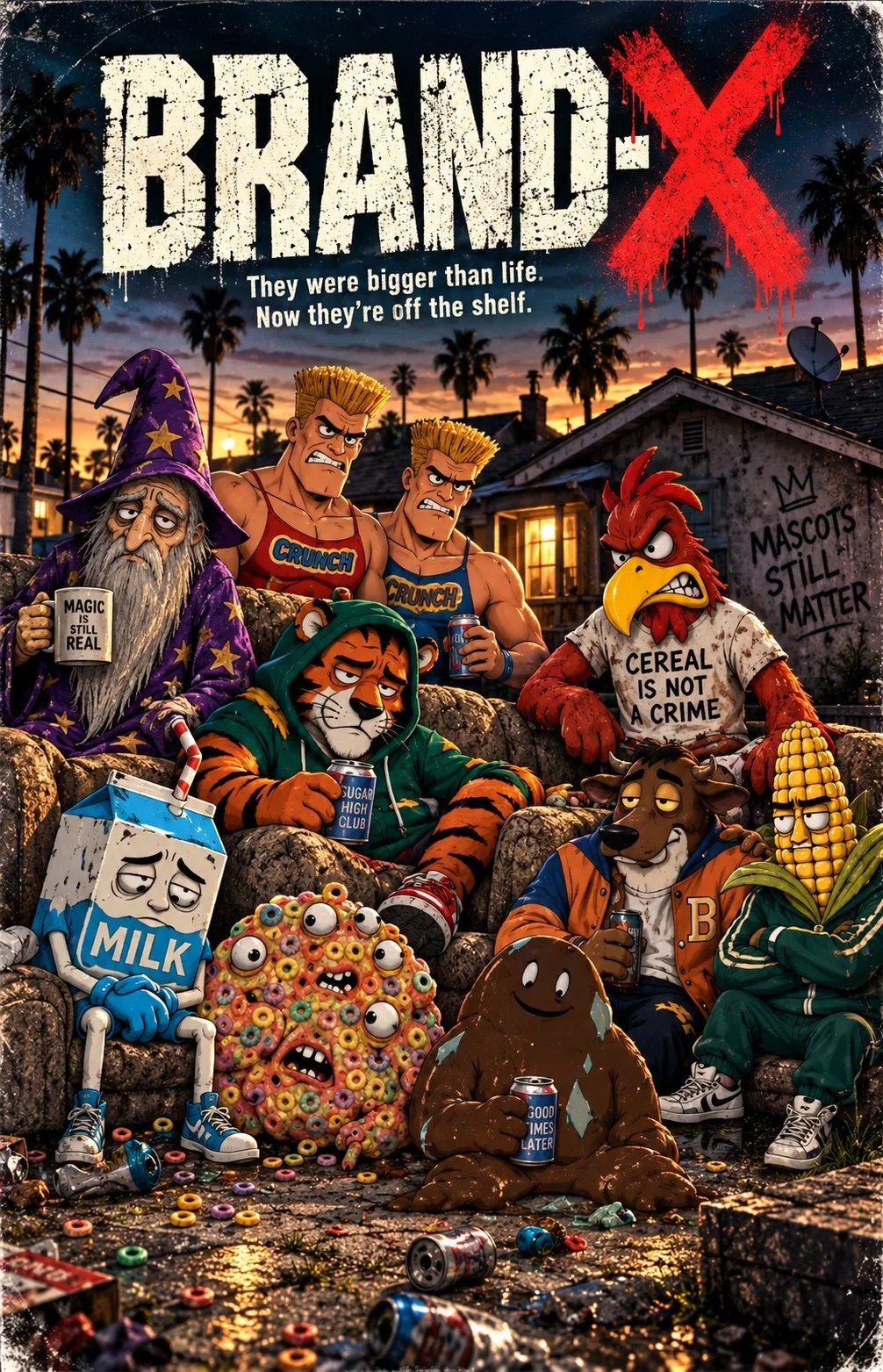 Brand-X animated comedy poster featuring a group of washed-up cereal and advertising mascots gathered outside a rundown Los Angeles house at sunset.