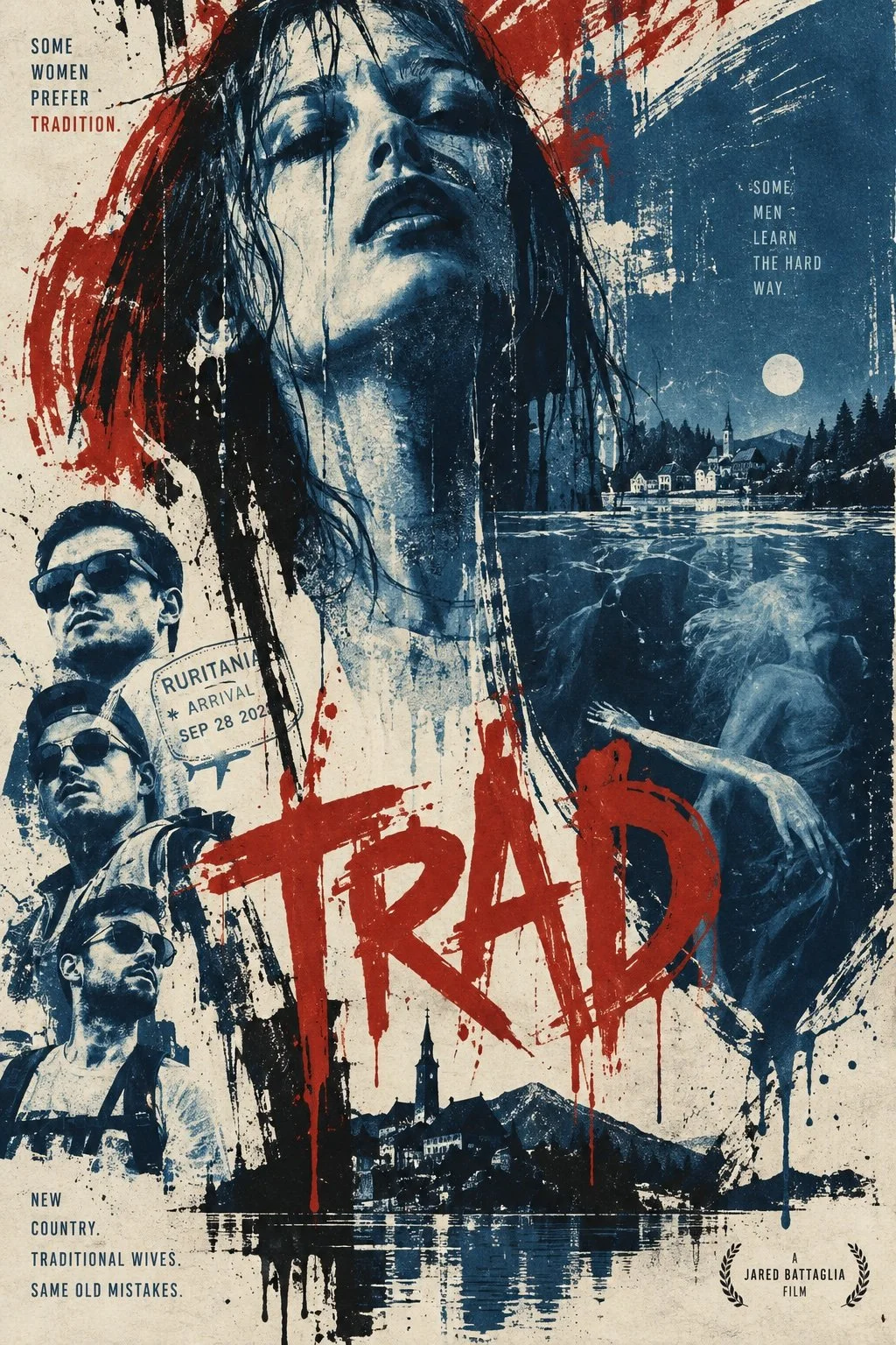 Stylized TRAD poster featuring a mysterious wet-haired woman, male travelers, a moonlit European lake village, and a ghostly figure beneath the water, rendered in distressed blue, red, and cream screen-print textures.