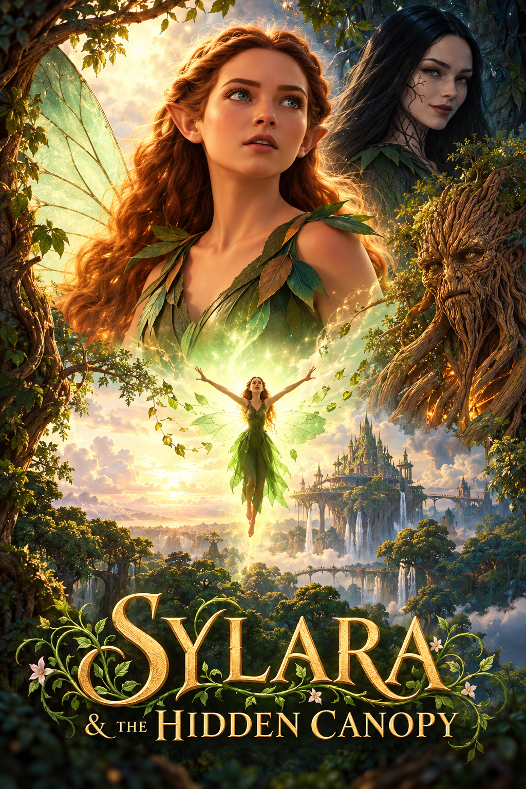 Fantasy movie poster for Sylara & The Hidden Canopy, featuring a winged fairy heroine above an enchanted forest canopy, with an ancient tree spirit, a mysterious dark enchantress, and a magical kingdom rising in the distance.