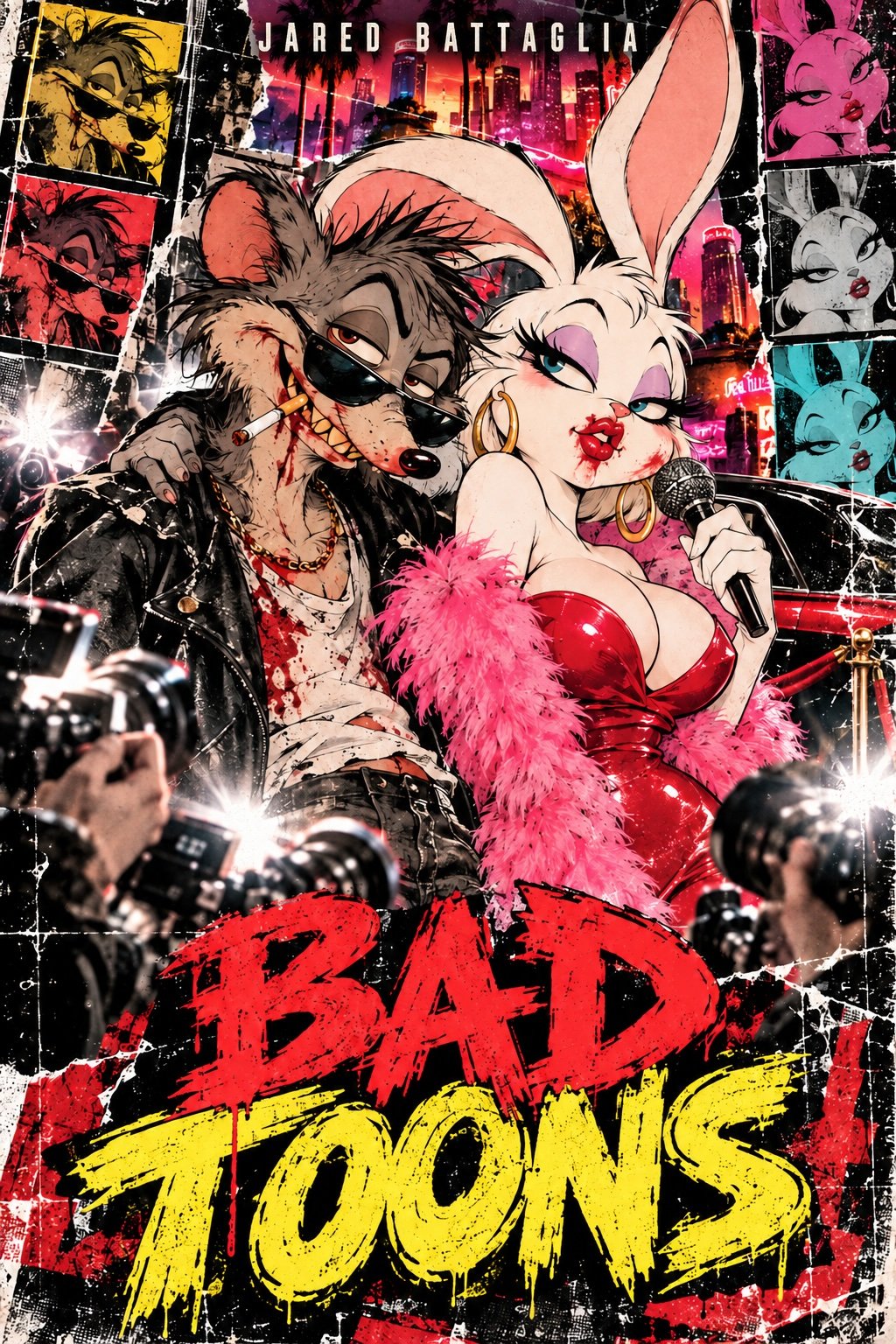 Bad Toons poster featuring rebellious cartoon stars Pervis Possum and Miss Bunni posing amid paparazzi flashes against a neon Los Angeles skyline. Scratched pop-art panels and bold red-and-yellow lettering evoke a notorious 1990s adult cartoon.