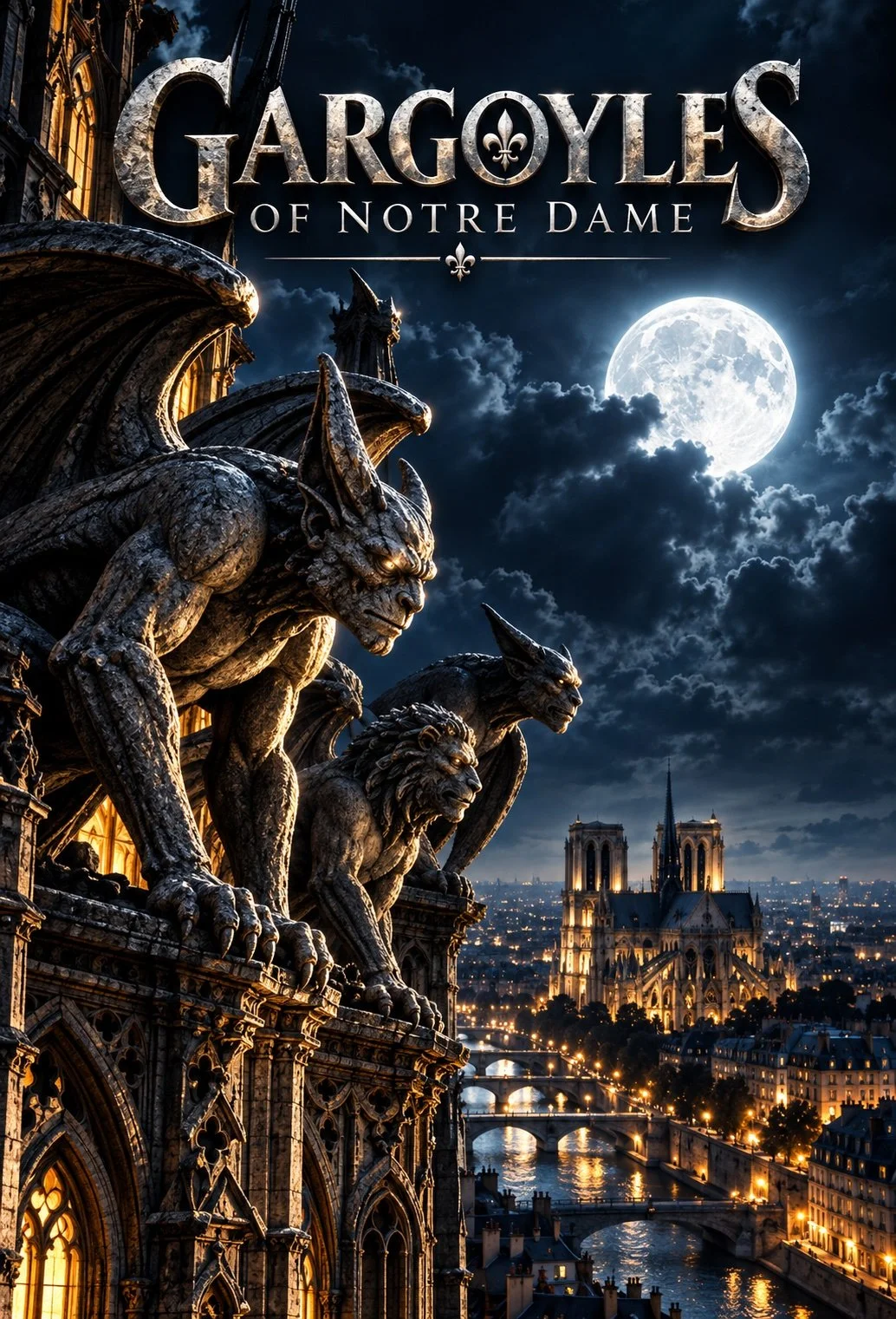 Gargoyles of Notre Dame fantasy series poster featuring three stone gargoyles overlooking nighttime Paris, Notre Dame Cathedral, the Seine, and a full moon.