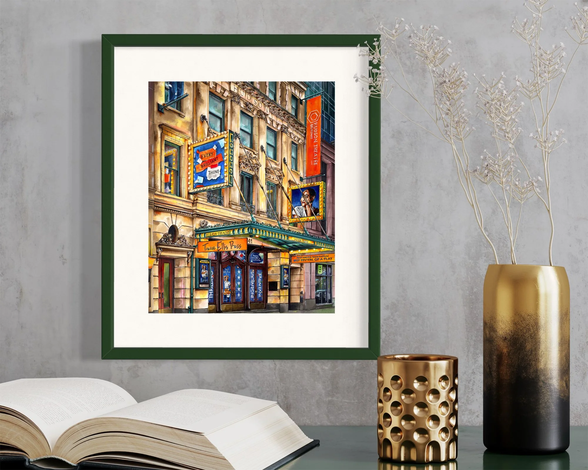 Framed in dark green, this hand-illustrated drawing of Every Brilliant Thing the Broadway Play print hangs on the wall