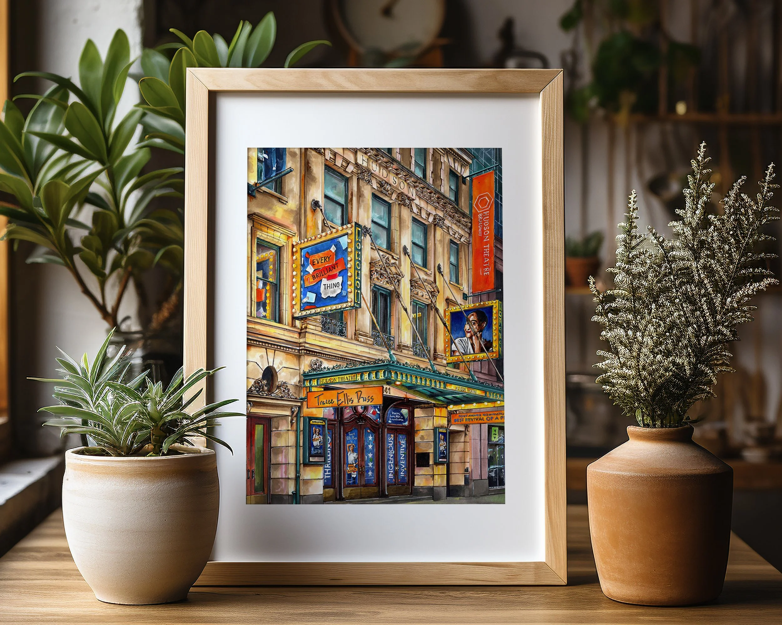 Tracee Ellis Ross in Every Brilliant Thing the Broadway Play marquee at the Hudson Theatre, 141 W 44th St, Times Square, NYC. Hand-drawn ink and marker art print, framed in light wood