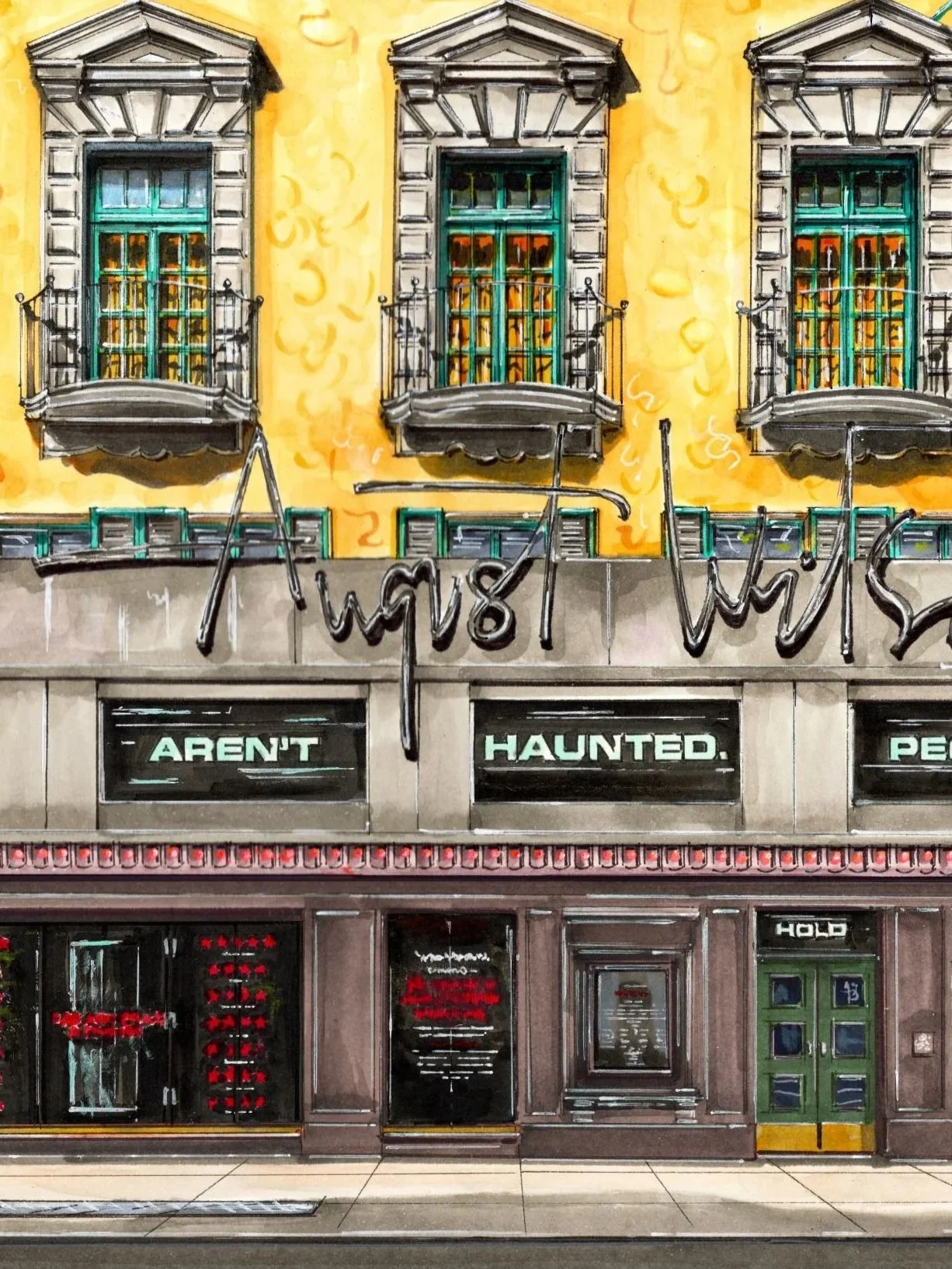 A closer look at the ink and marker linework in August Wilson Theatre with Paranormal Activity marquee illustration