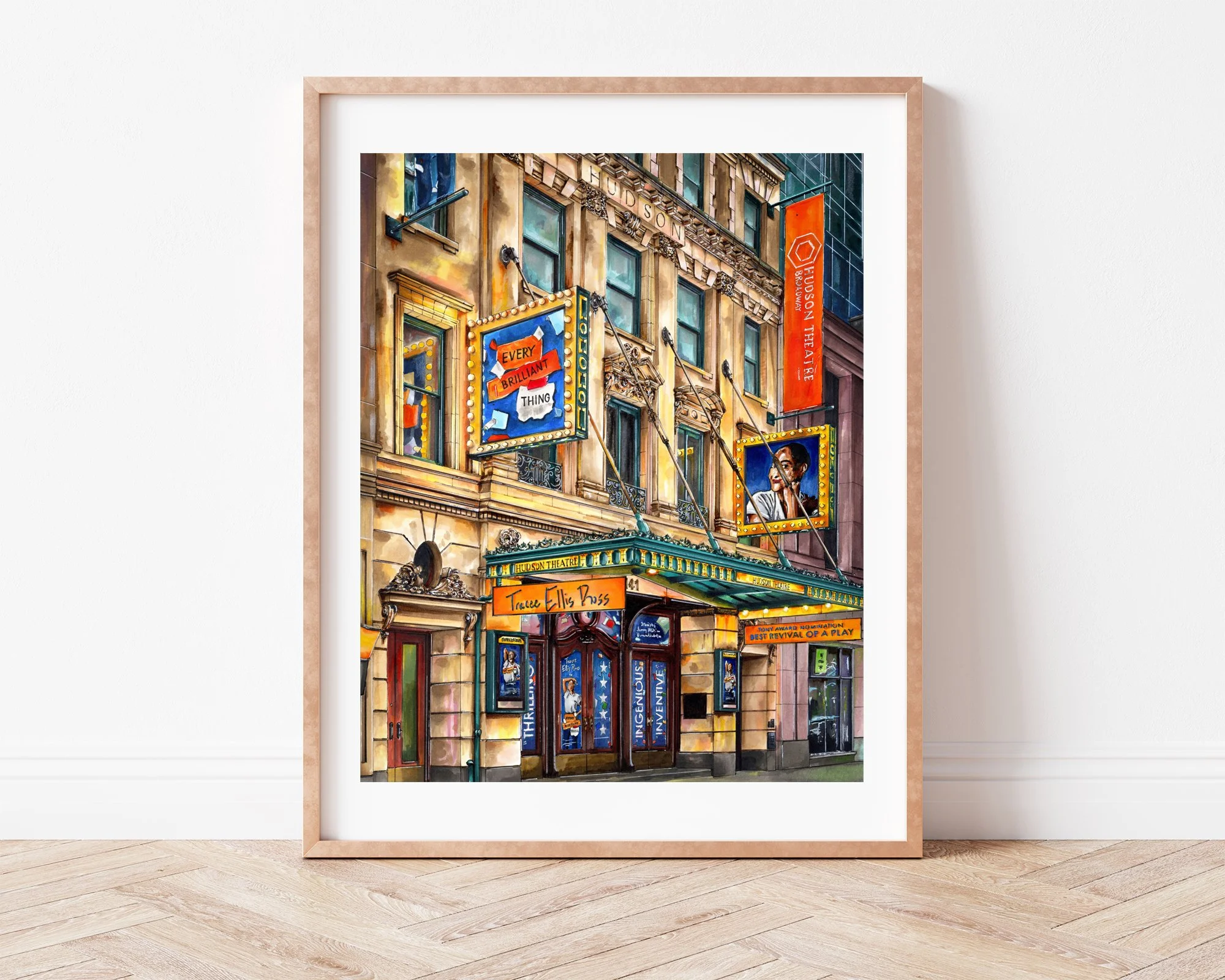 Leaning against a plain wall, Every Brilliant Thing the Broadway Play at the Historic Hudson Theatre drawing sits in a slim light wood frame