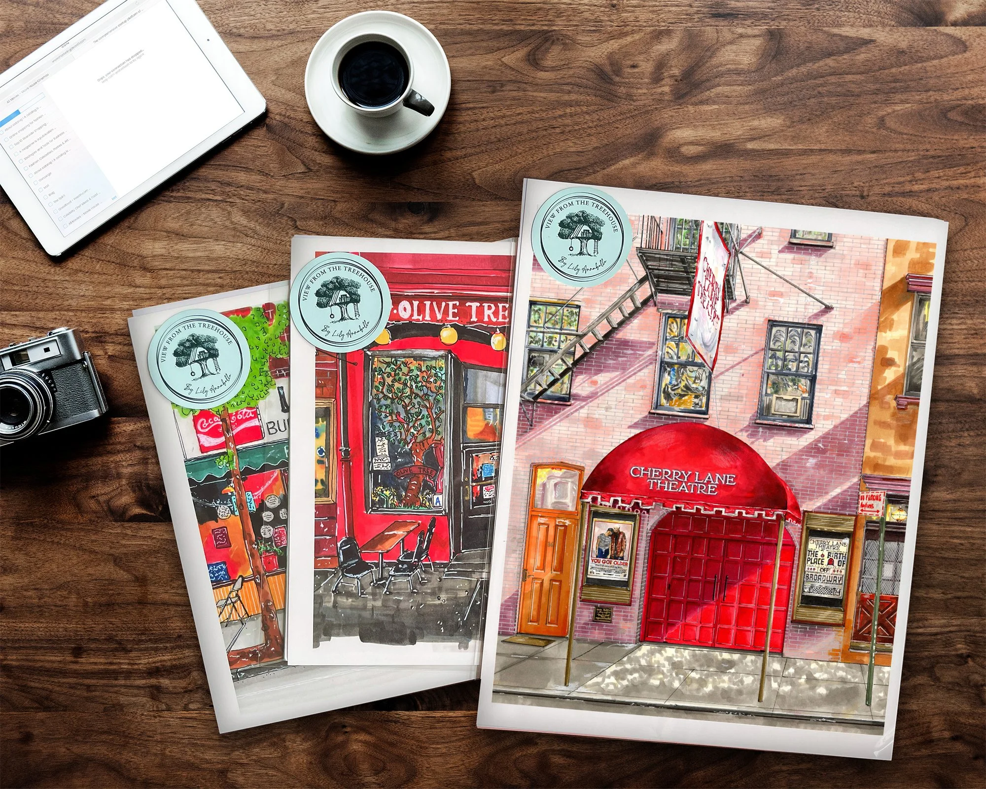 Hand-drawn Cherry Lane Theatre NYC art print displayed on a wood table