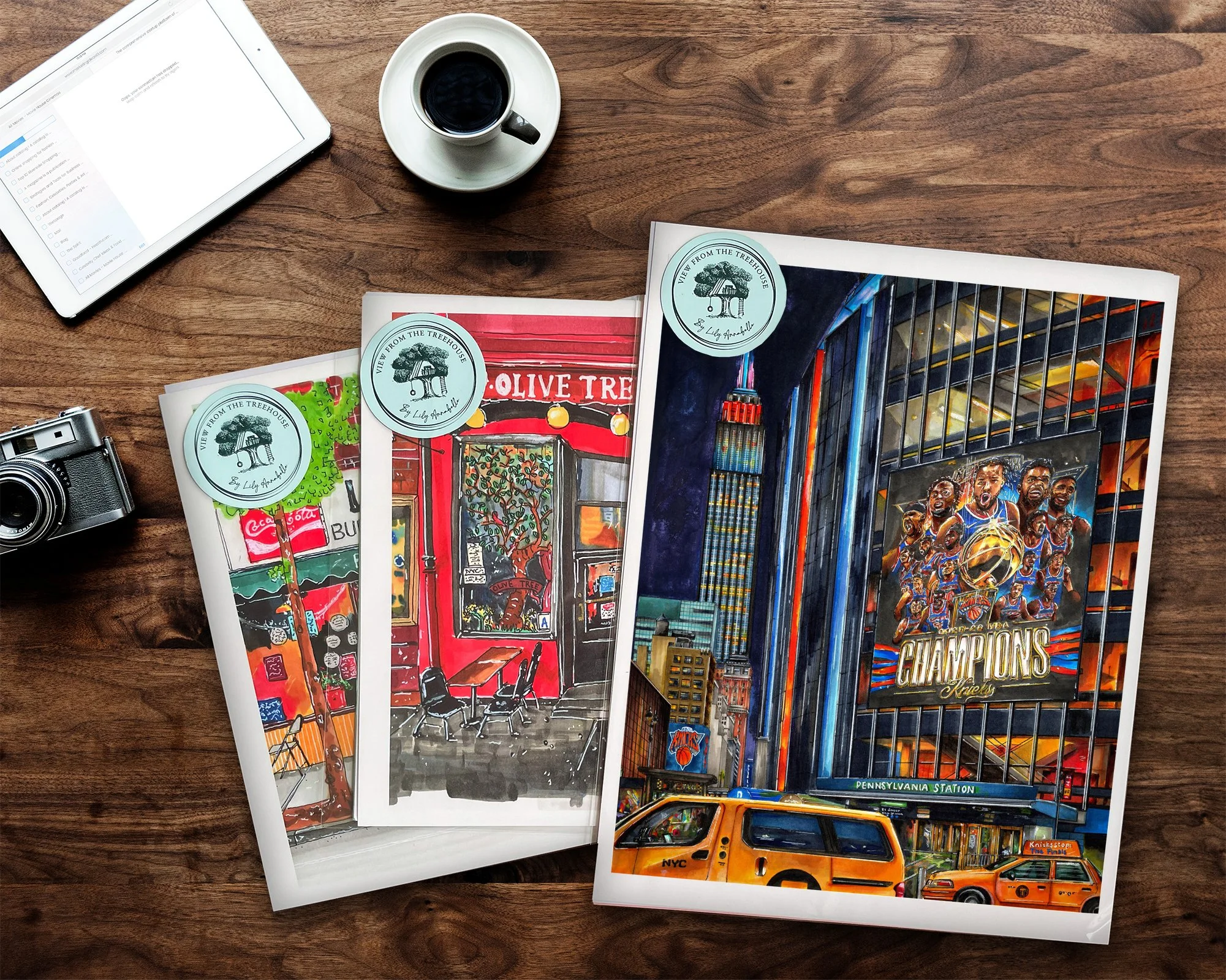 Hand-drawn The New York Knicks, Champions of the 2026 NBA Finals NYC art print displayed on a wood table