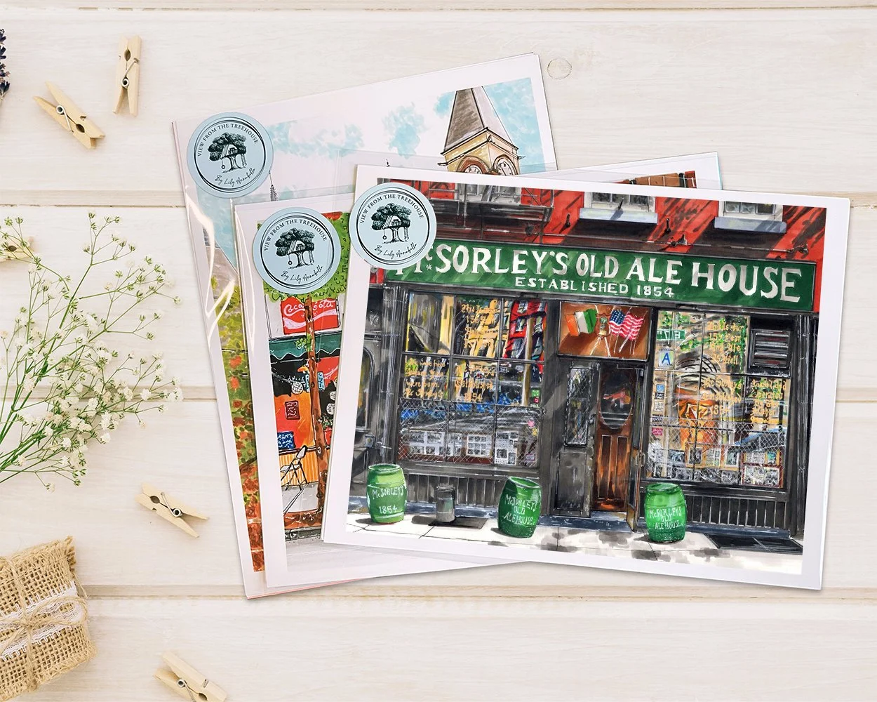 Hand-drawn McSorley’s Ale House NYC art print displayed on a wood table