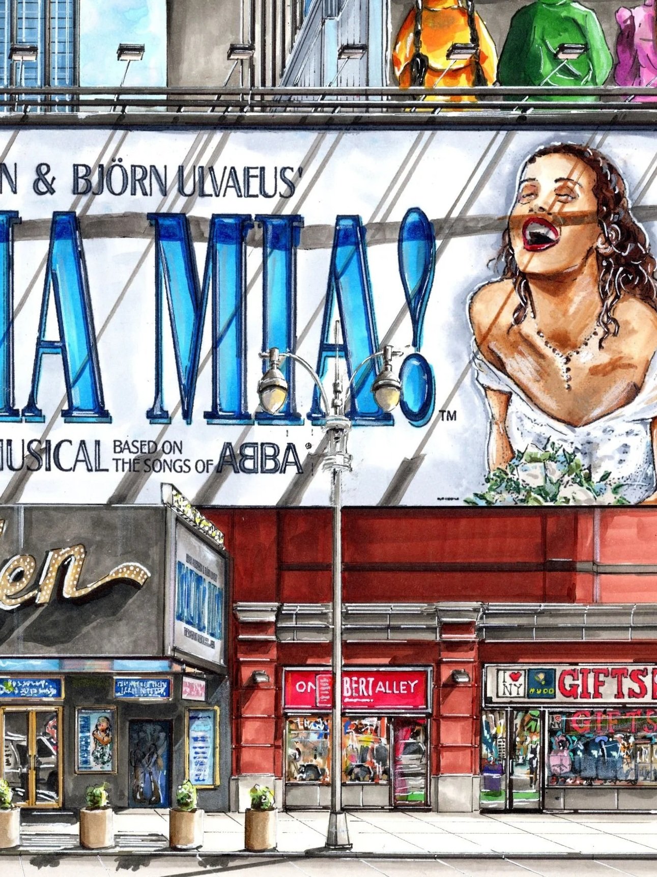 A closer look at the ink and marker linework in the Mamma Mia ! the Broadway musical illustration