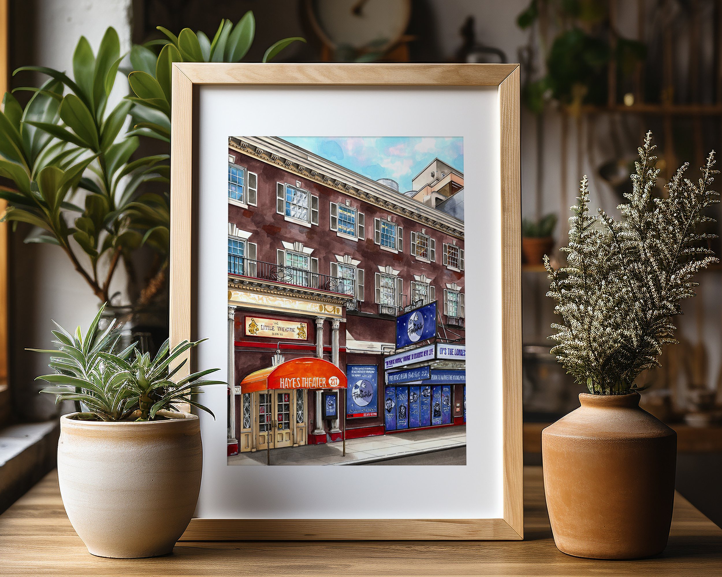 The Fantasticks at Hayes Theatre, a long-running musical newly on Broadway in New York City. Hand-drawn in ink and marker and framed in light wood