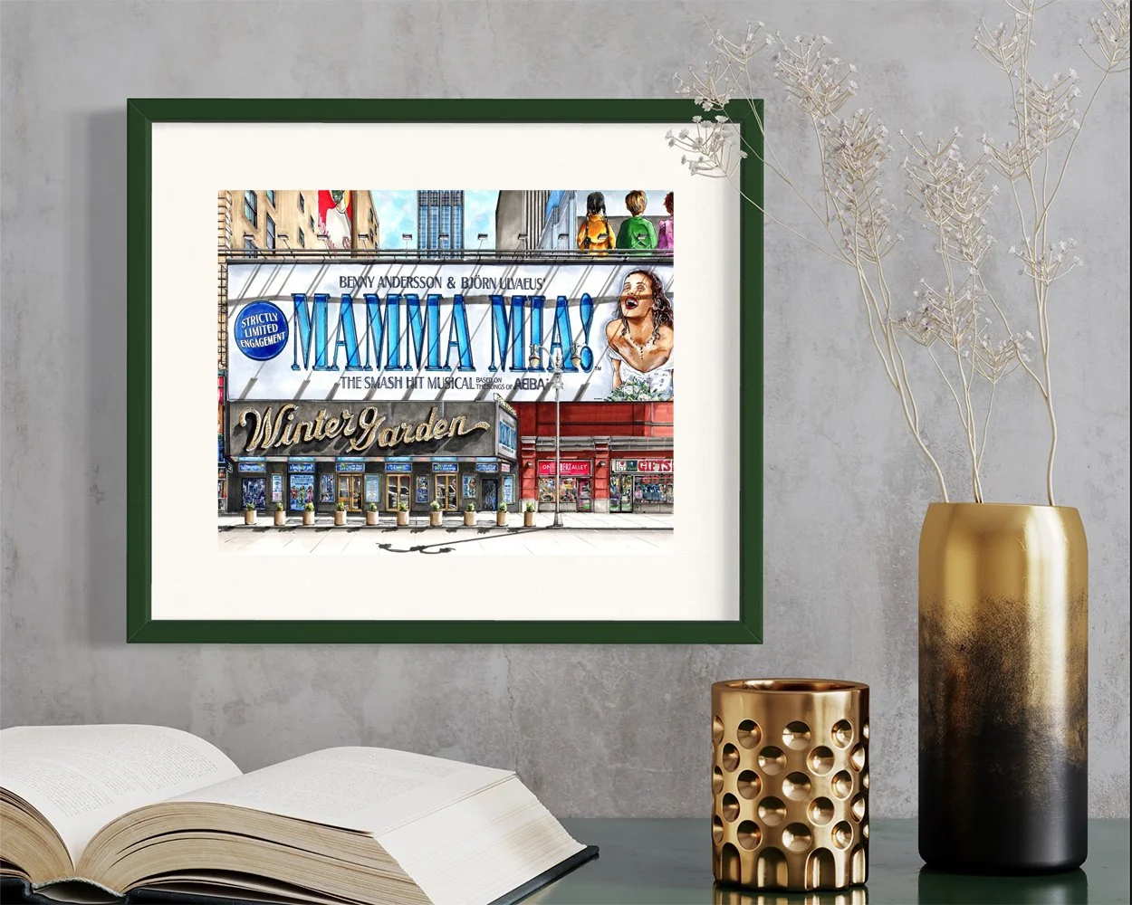 Framed in dark green, this hand-illustrated drawing of Mamma Mia ! the Broadway musical print hangs on the wall