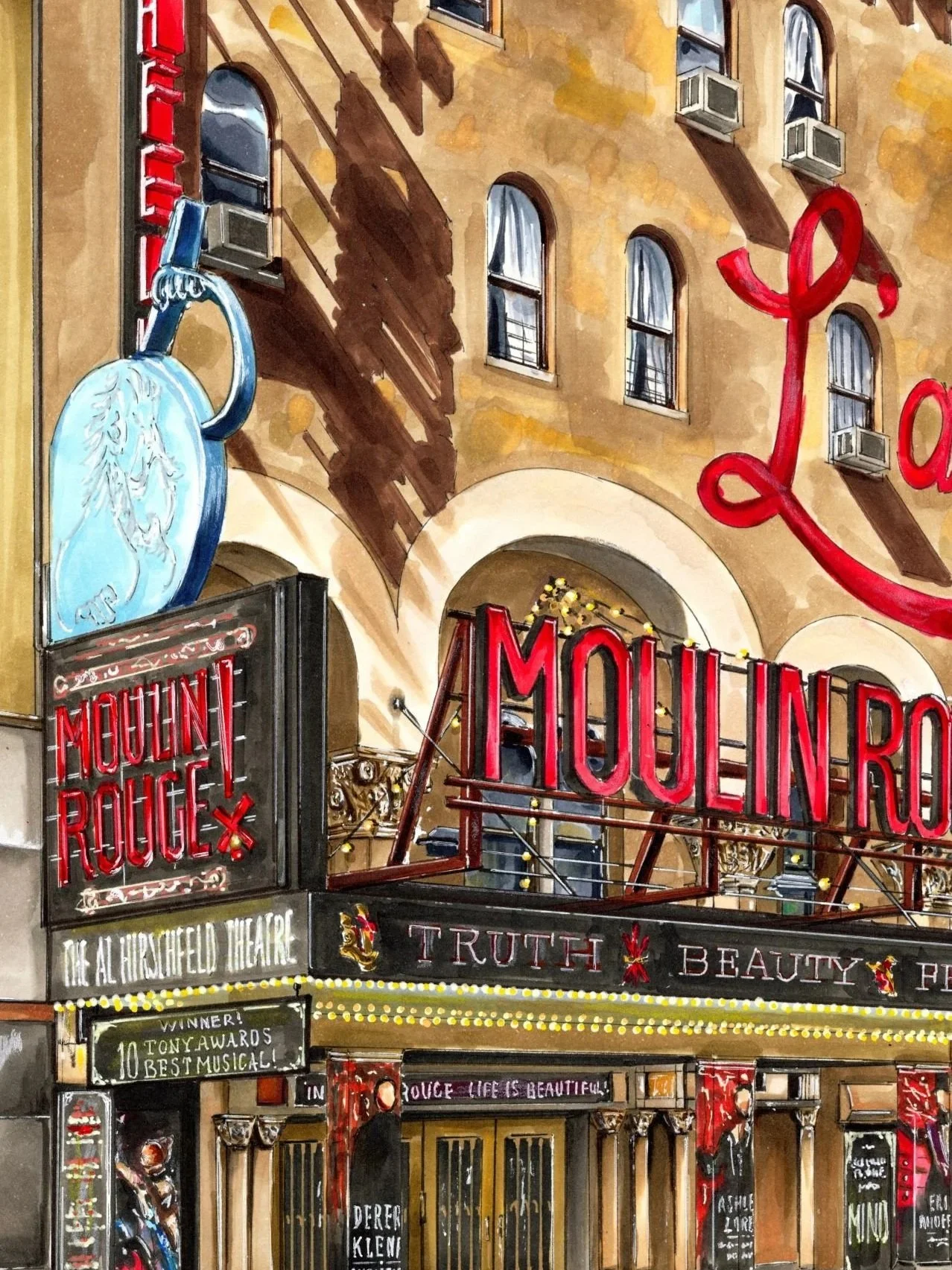 A closer look at the ink and marker linework in Moulin Rouge !, the Broadway Jukebox Musical illustration