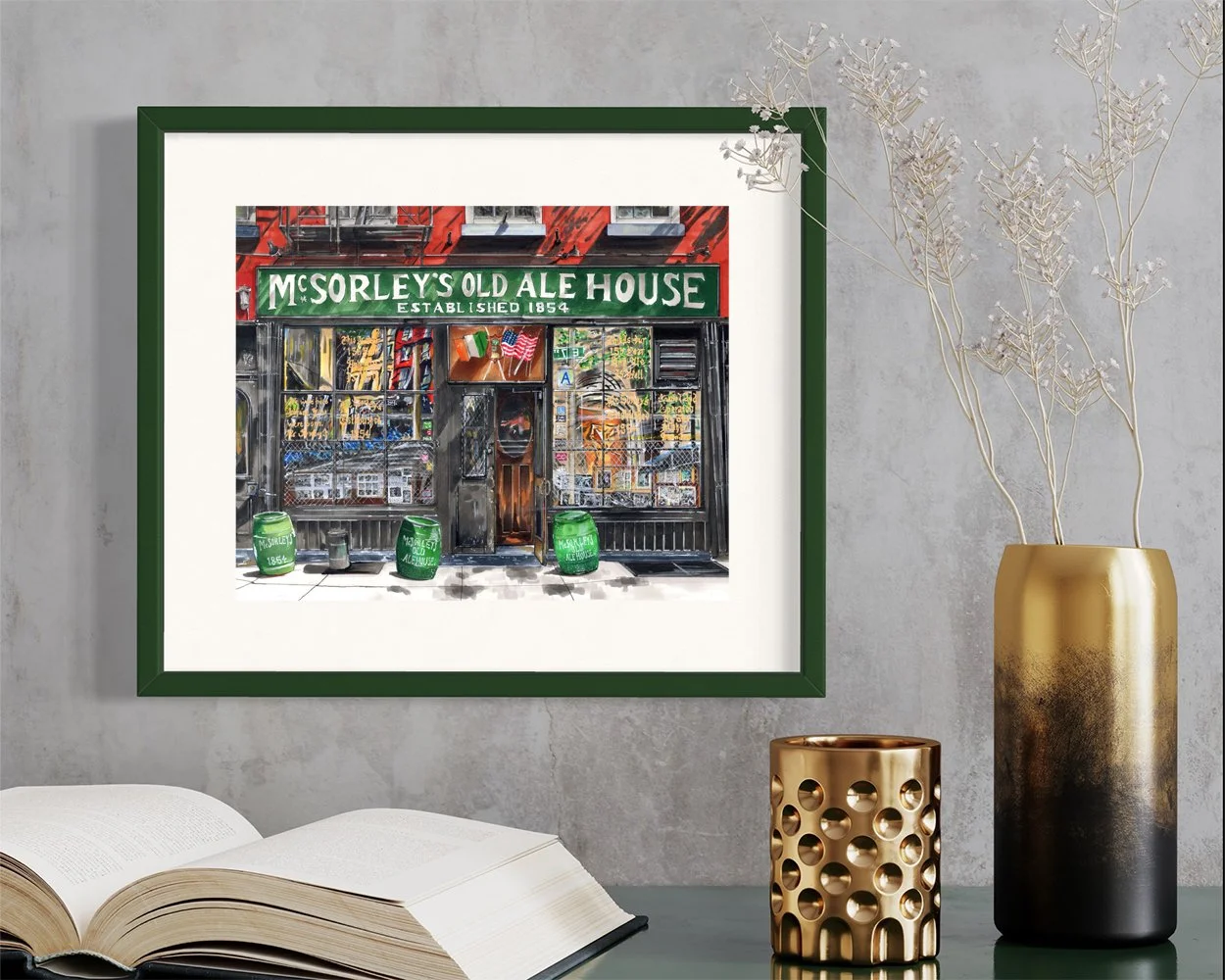 Framed in dark green, this hand-illustrated drawing of McSorley’s Ale House print hangs on the wall