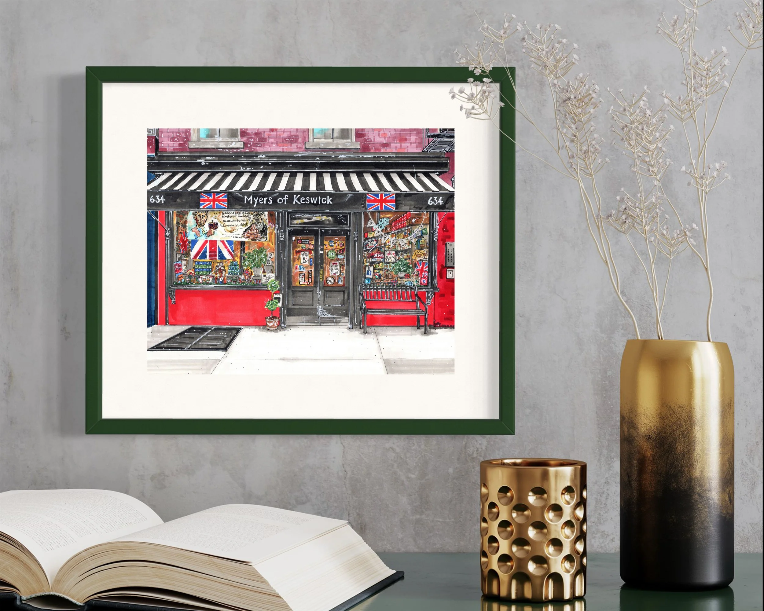 Framed in dark green, this hand-illustrated drawing of Myers of Keswick print hangs on the wall