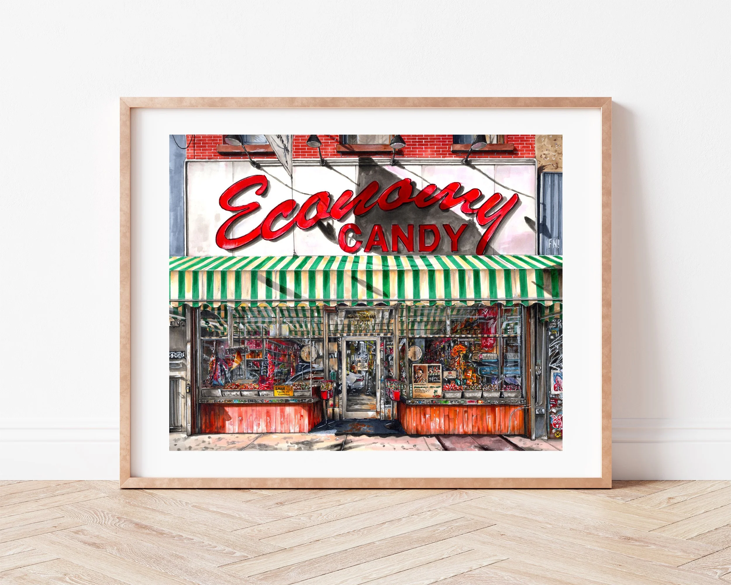 Leaning against a plain wall, Economy Candy, NYC’s oldest retail candy shop founded in 1937 in Lower East Side, hand-drawn ink and marker art print, framed in a slim light wood frame