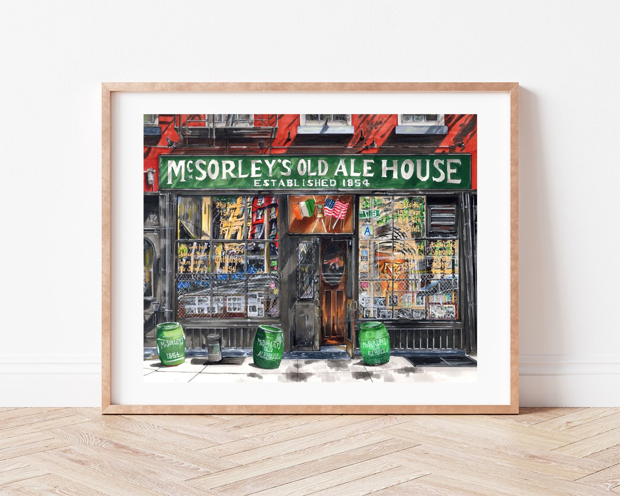 Leaning against a plain wall, McSorley’s Ale House, the oldest continuously operating Irish pub in East Village NYC, hand-drawn ink and marker art print, framed in a slim light wood frame