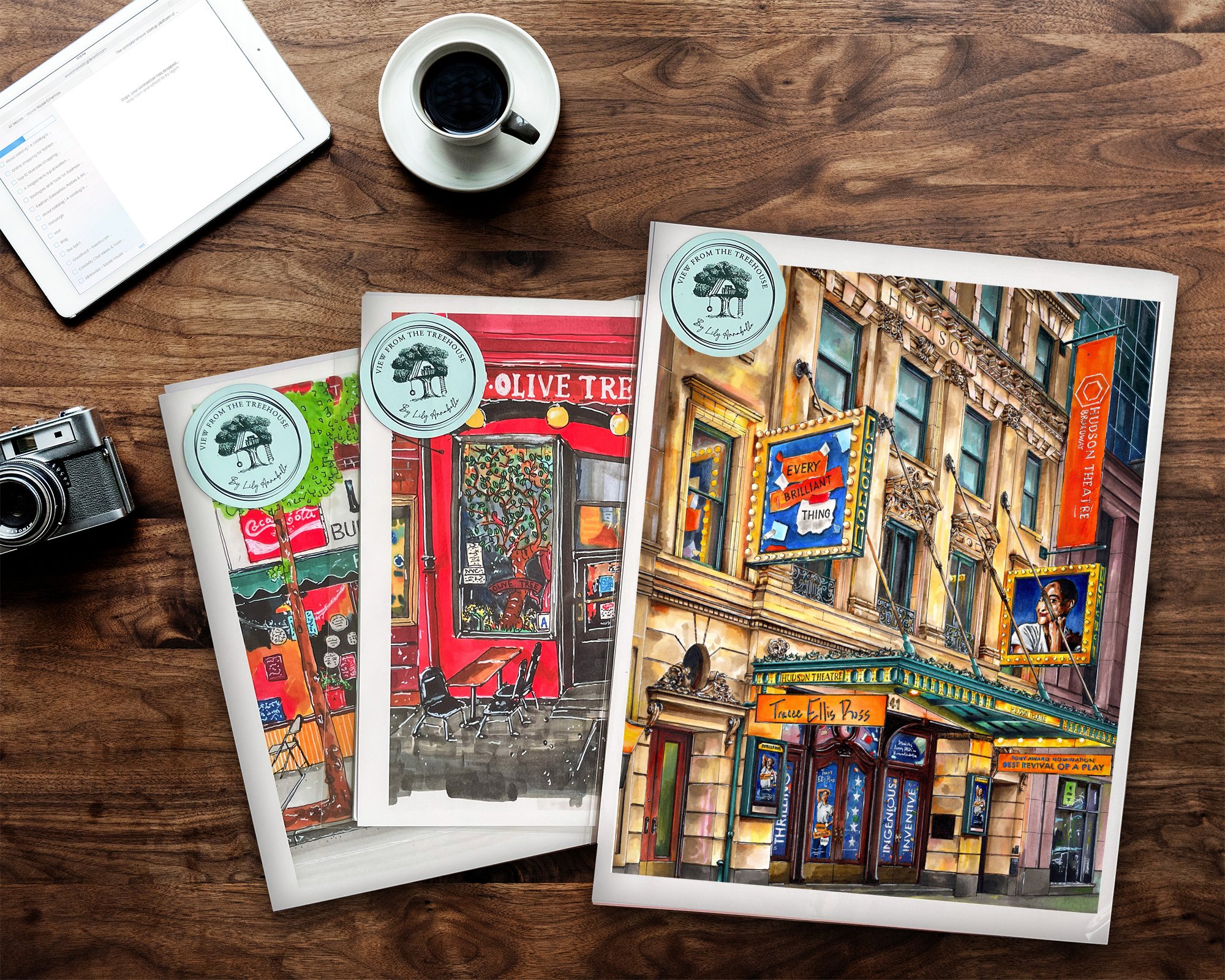 Hand-drawn Every Brilliant Thing the Broadway Play NYC art print displayed on a wood table