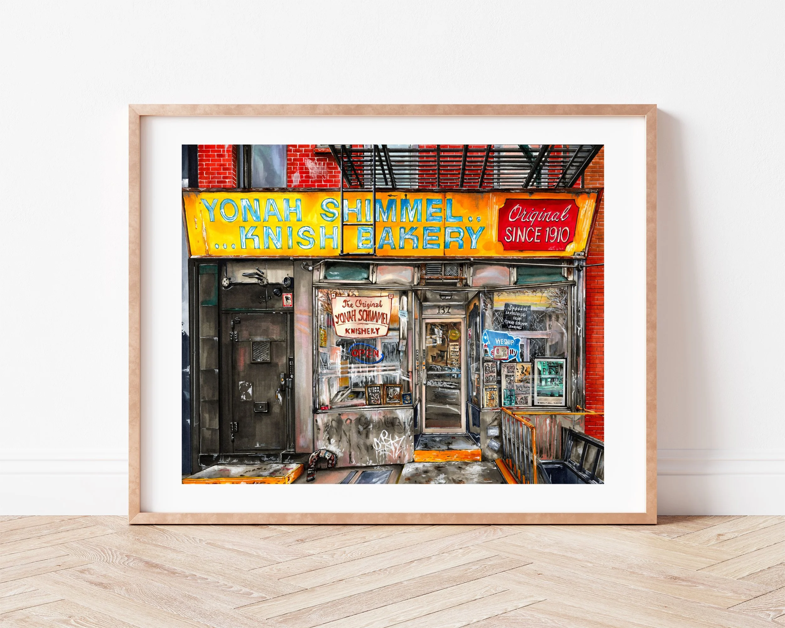 Yonah Schimmel Knish Bakery in LES NYC, the oldest continuously operating, family-owned knish bakery in America. Hand-drawn in ink and marker and framed in light wood