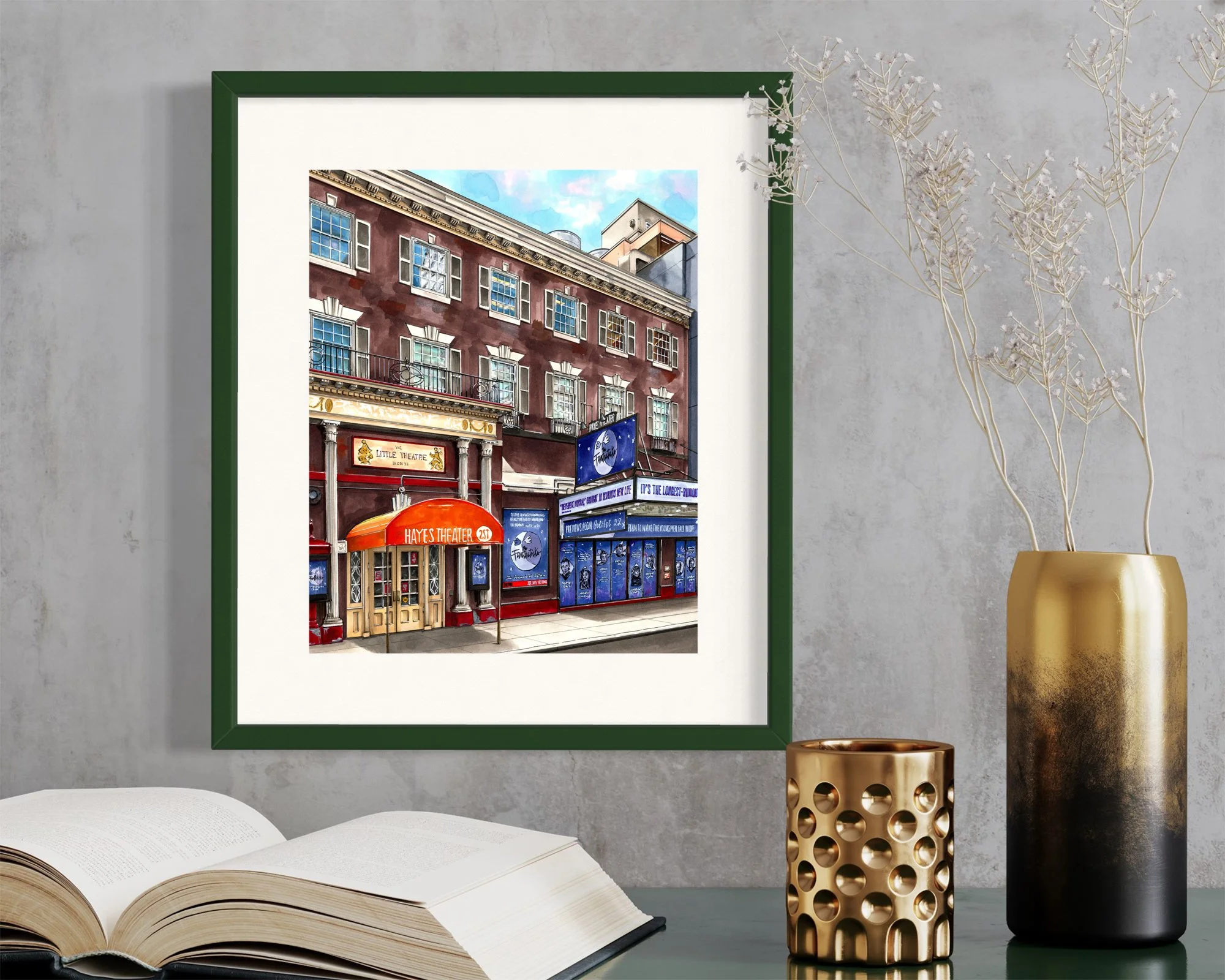 Framed in dark green, this hand-illustrated drawing of The Fantasticks at Hayes Theatre print hangs on the wall
